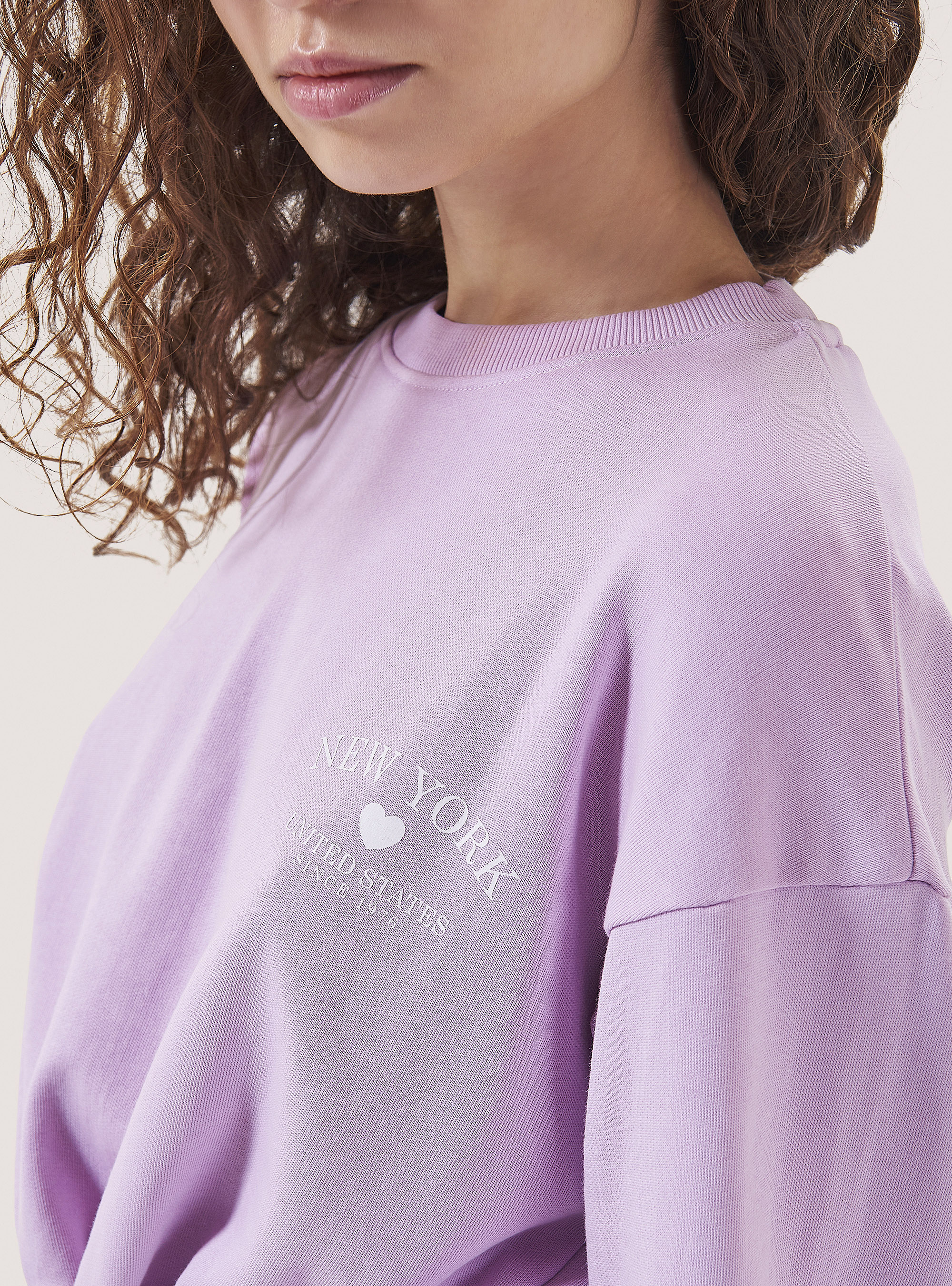 Cropped sweatshirt with print and drawstrings, C4546 LILLAC