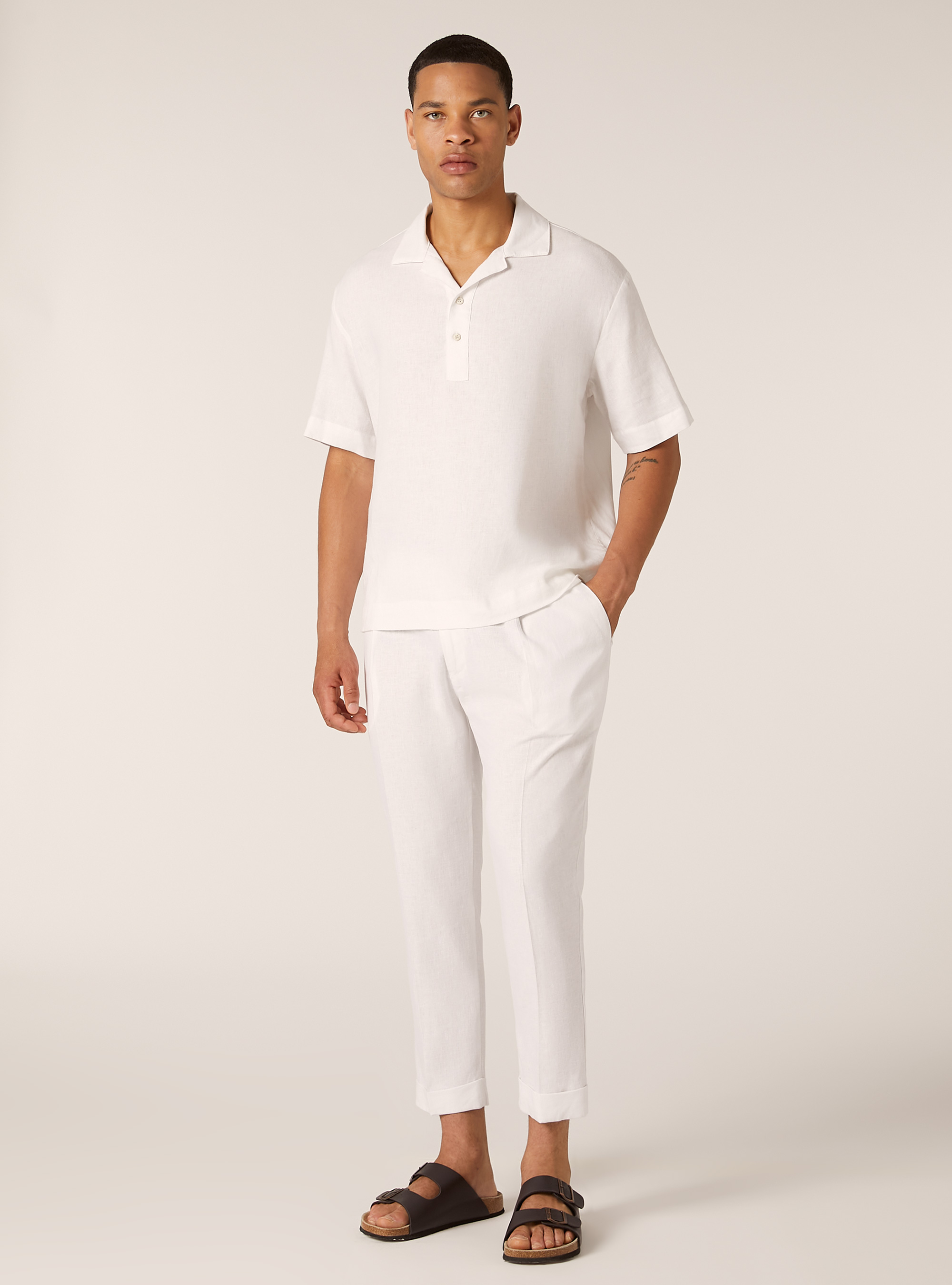 Camicia in misto lino a maniche corte, WH1 OFF WHITE