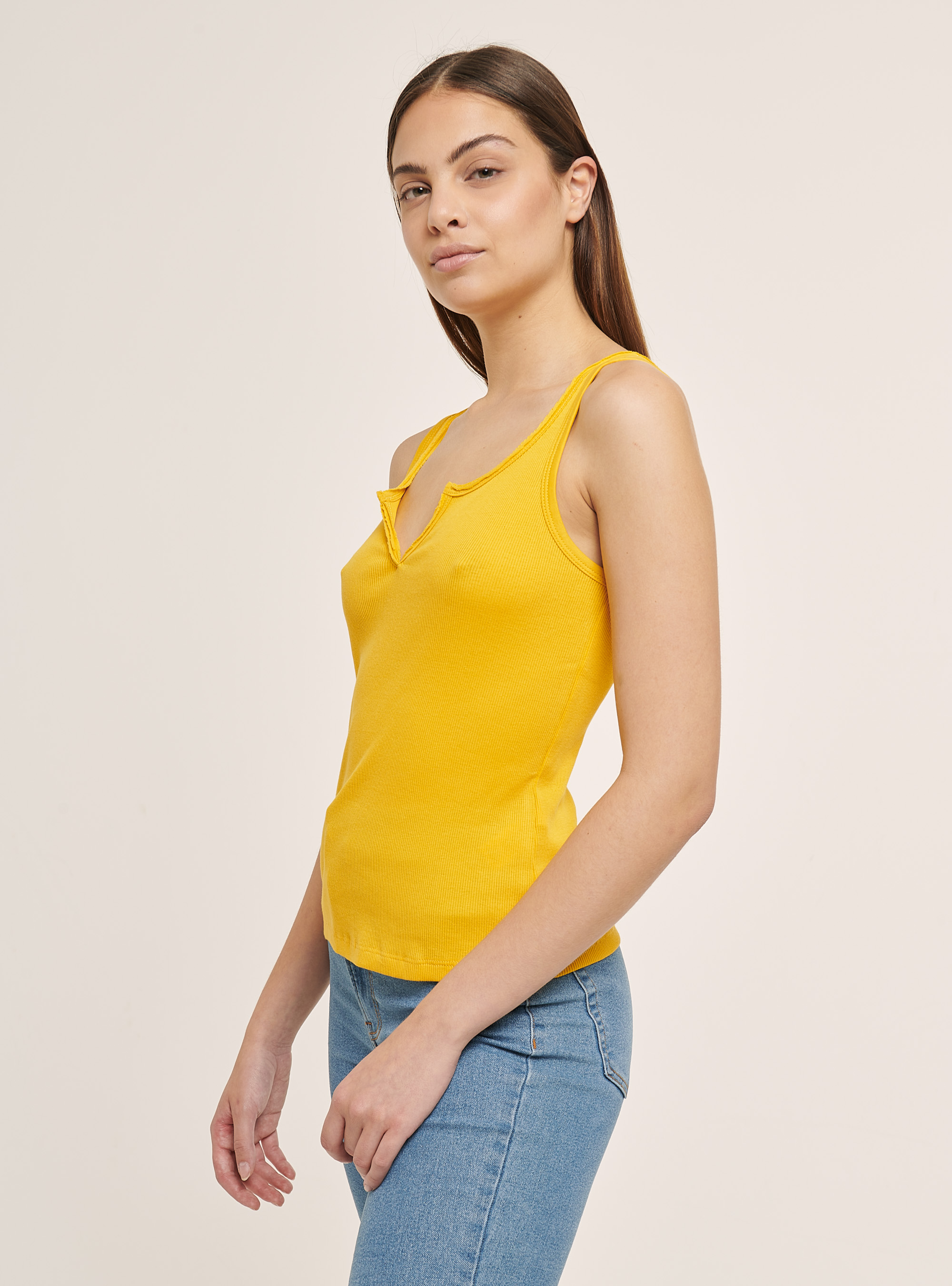 Ribbed cotton tank top with V-neckline, C7713 YELLOW