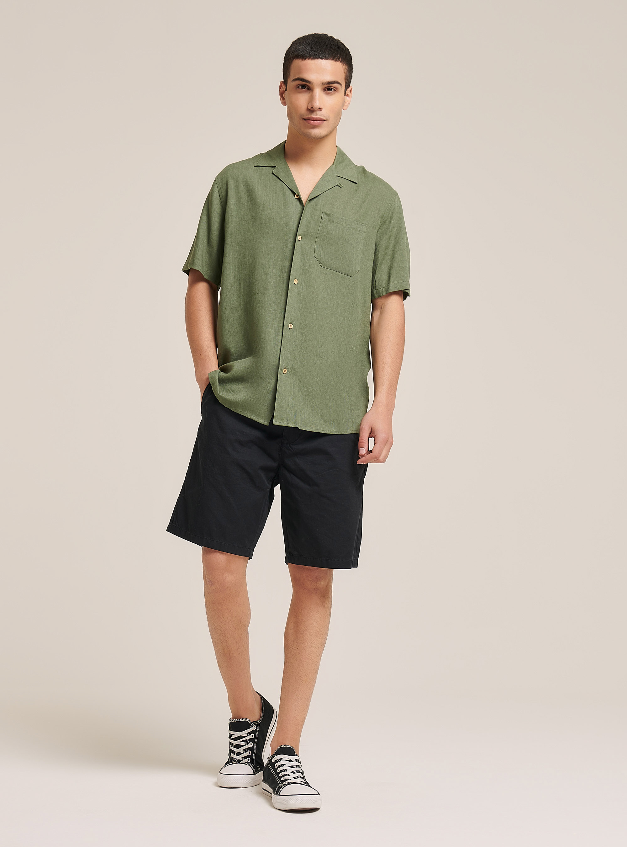 Camicia in misto lino con collo bowling, KAKI