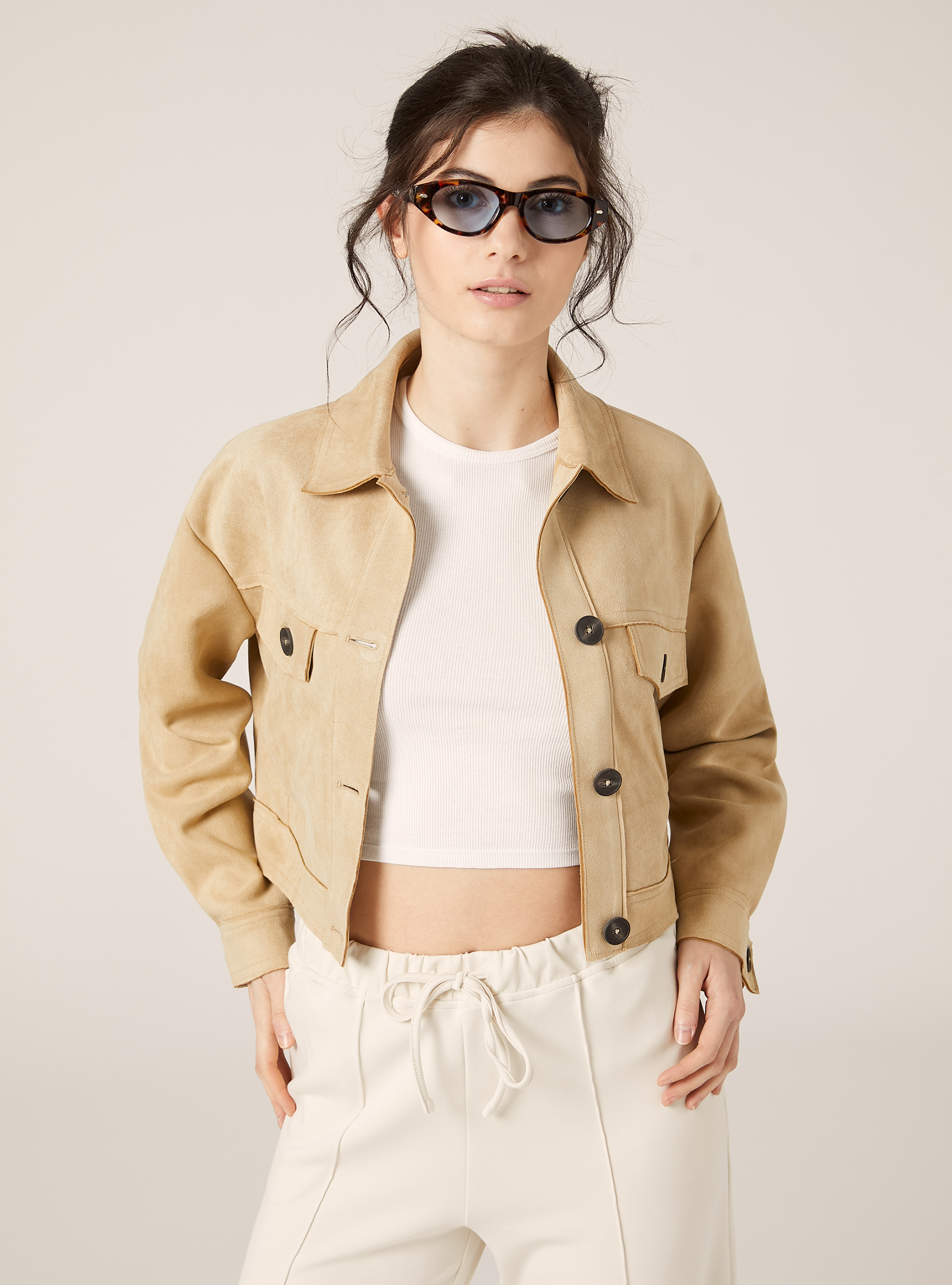 Giacca camicia effetto suede, BG3 BEIGE LIGHT