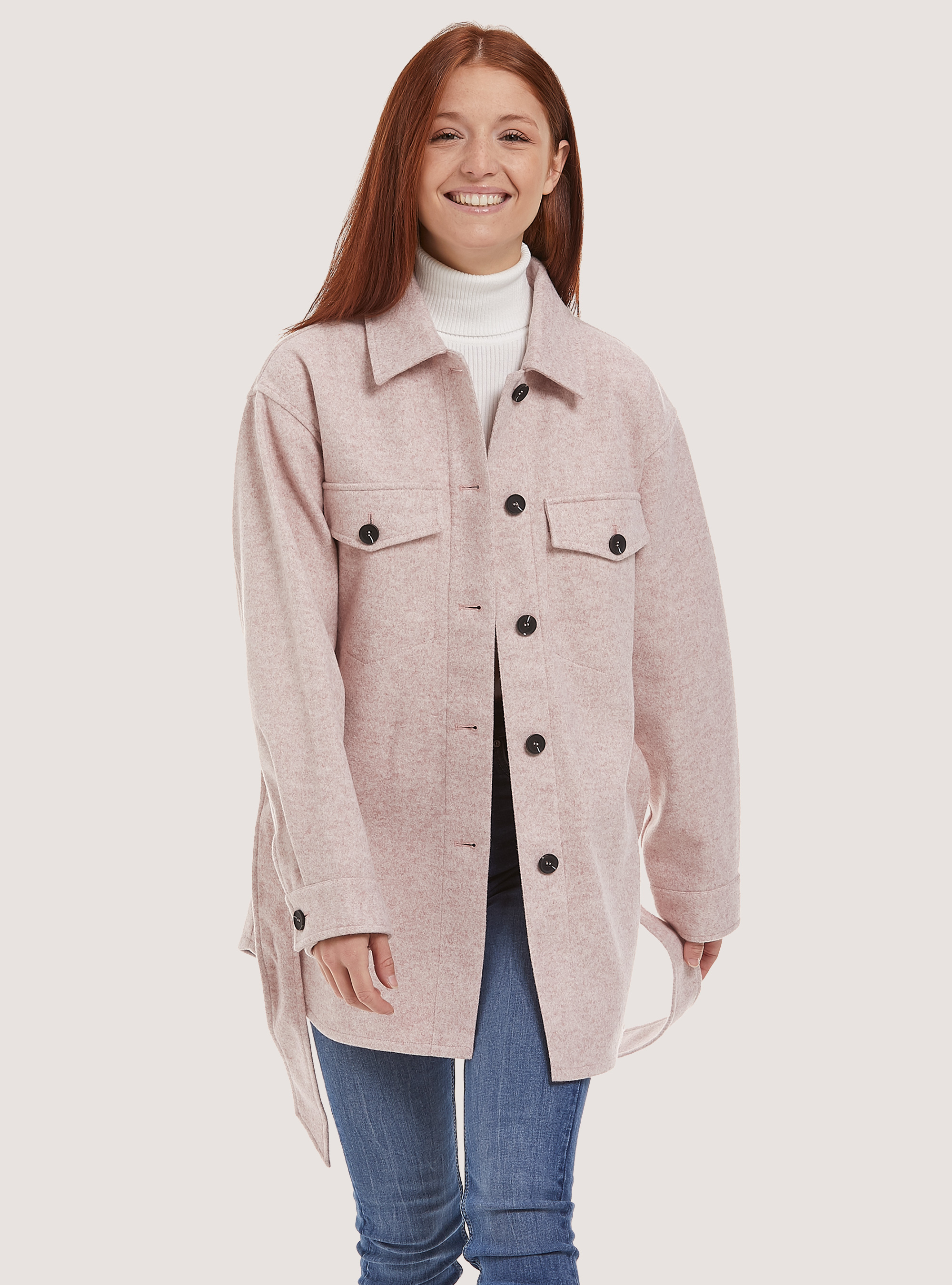 Oversize soft touch shirt jacket with belt, MKP3 PINK MEL LIGHT
