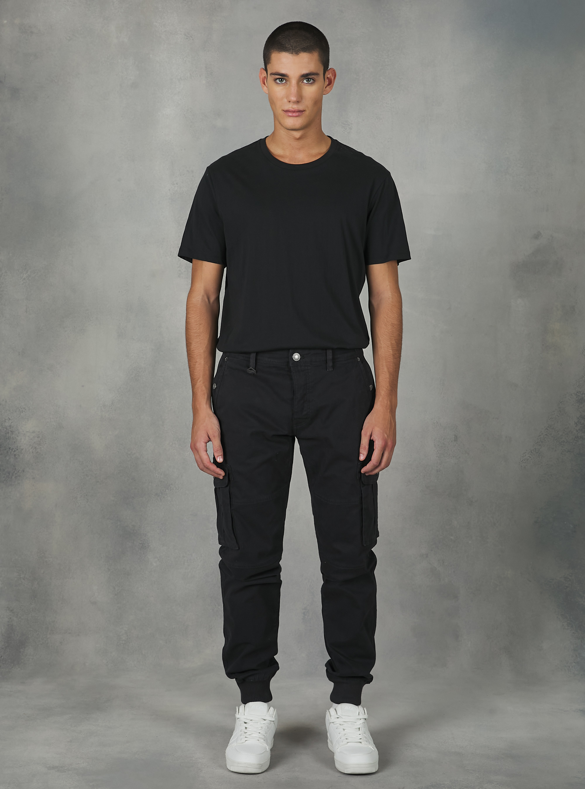 Pantaloni cargo in cotone con elastico, BK1 BLACK