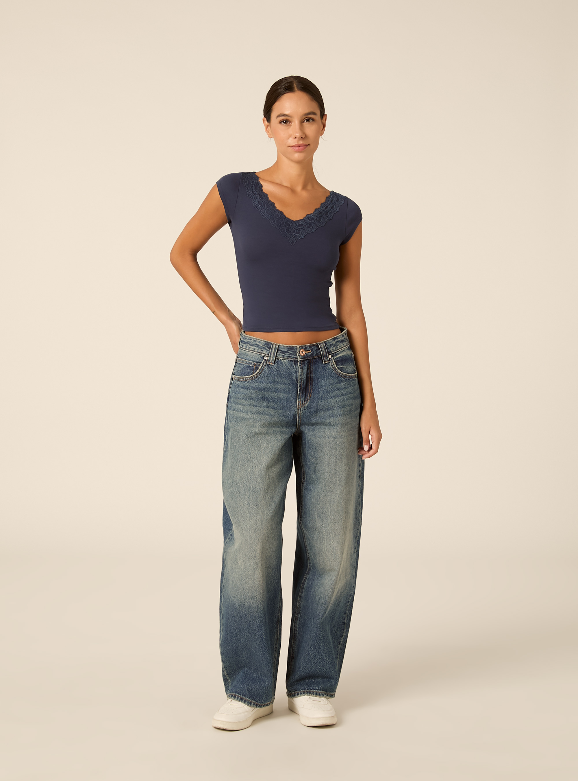 T-shirt con scollo a v in pizzo, NA2 NAVY MEDIUM