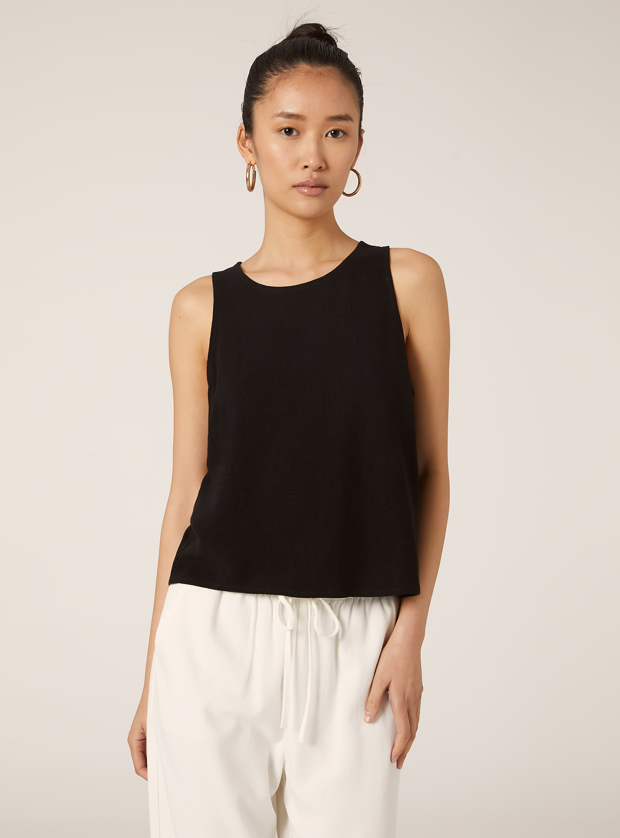 Camiseta de tirantes corta en mezcla de lino, BK1 BLACK