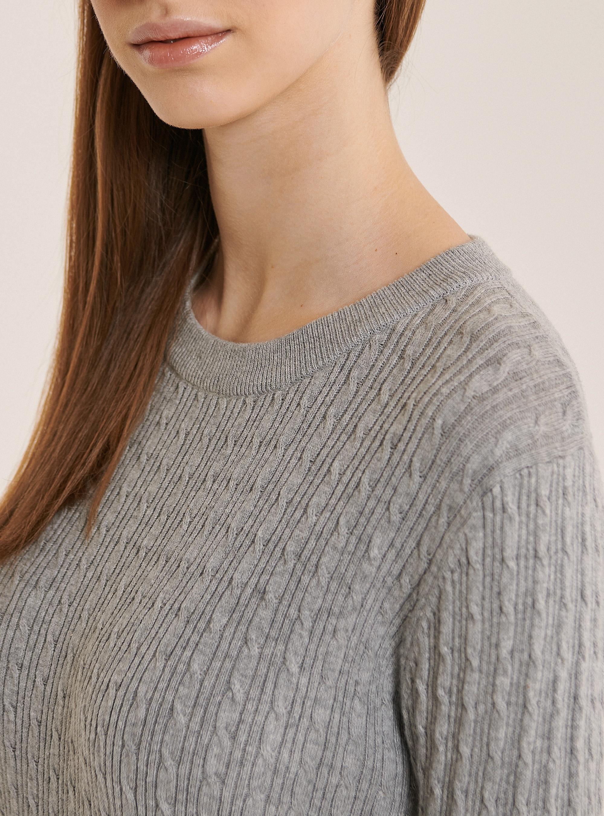 Jersey de cuello redondo con tejido de ochos, GRIS CLARO MELANGE