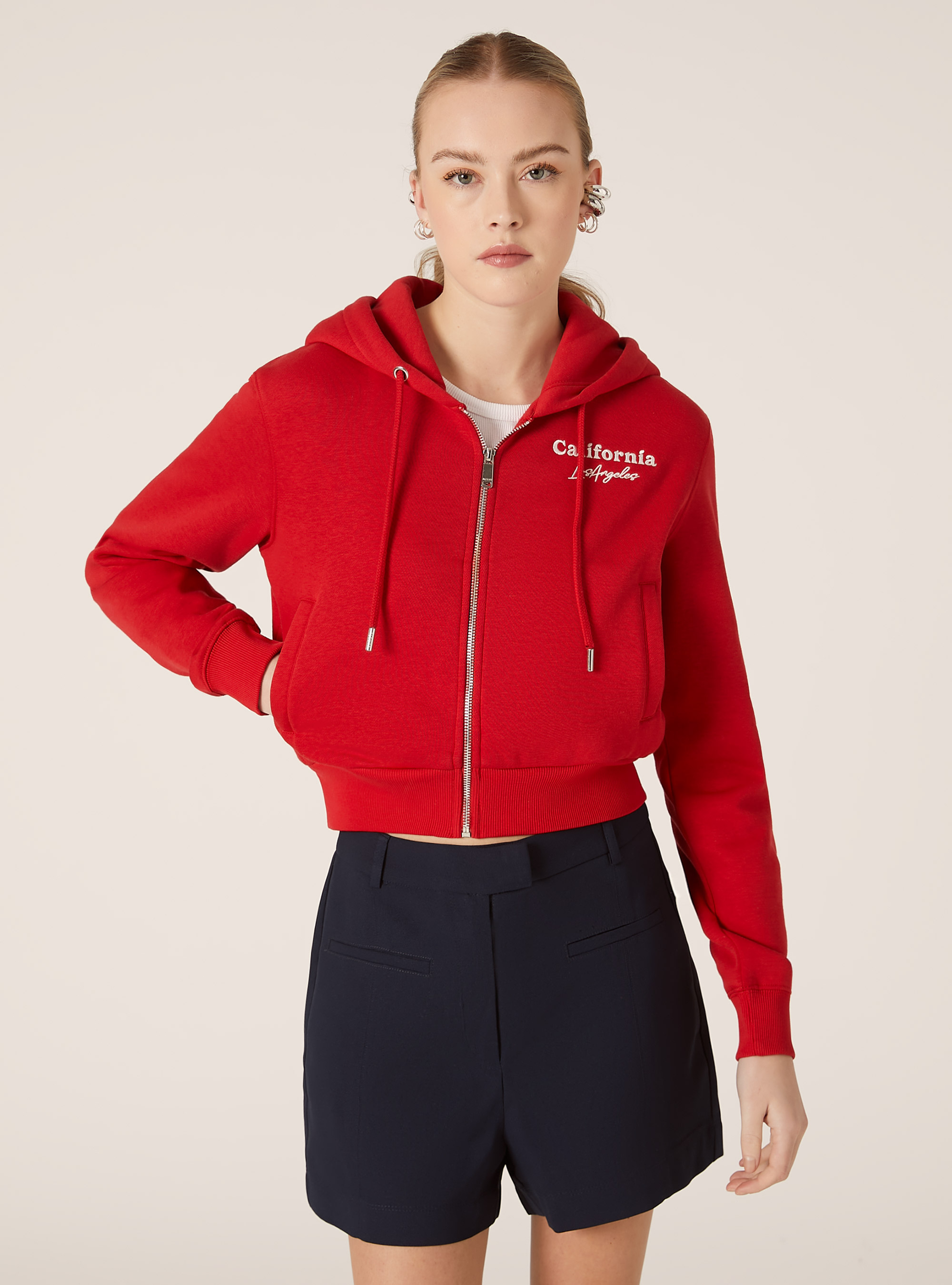 Cropped sweatshirt with zip and print, RD2 RED MEDIUM