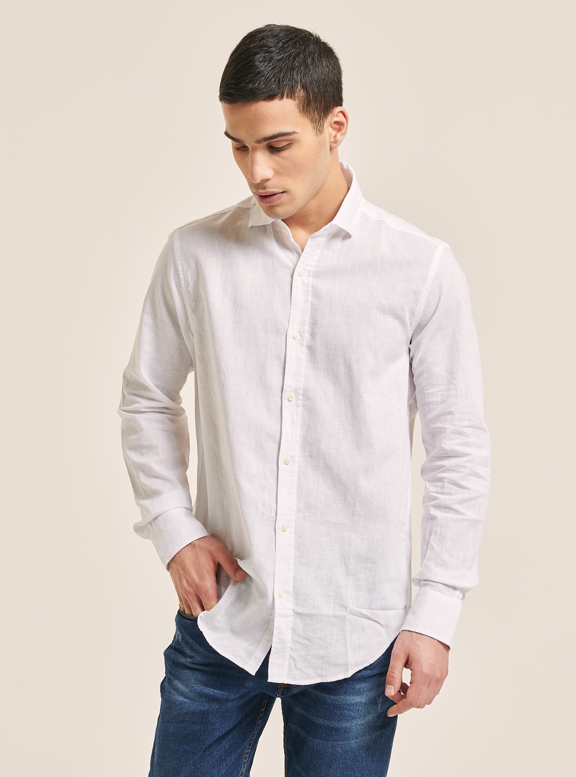 Camicia in puro lino a maniche lunghe, BIANCO