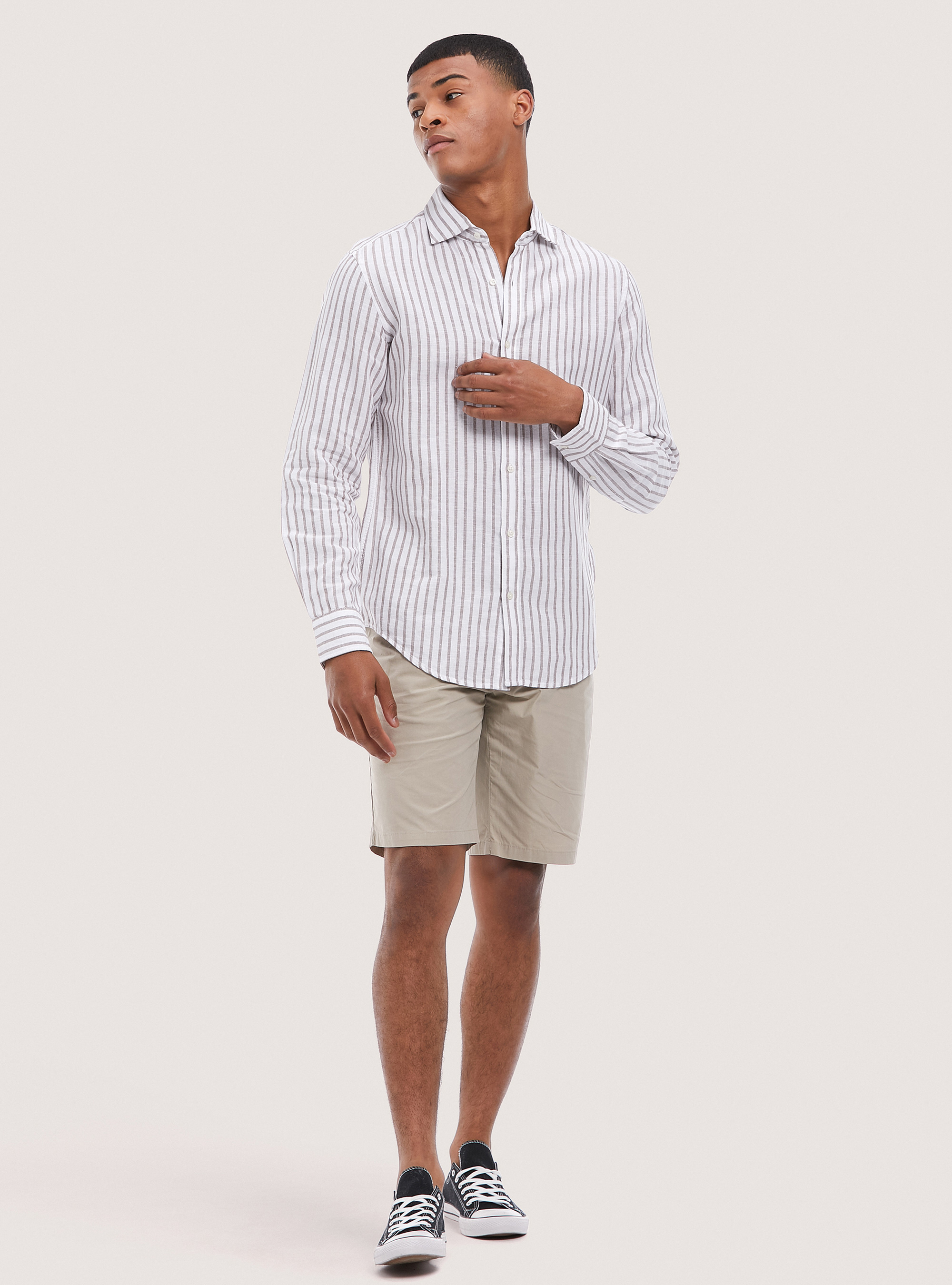 Camicia a righe in misto lino, MULTICOLORE