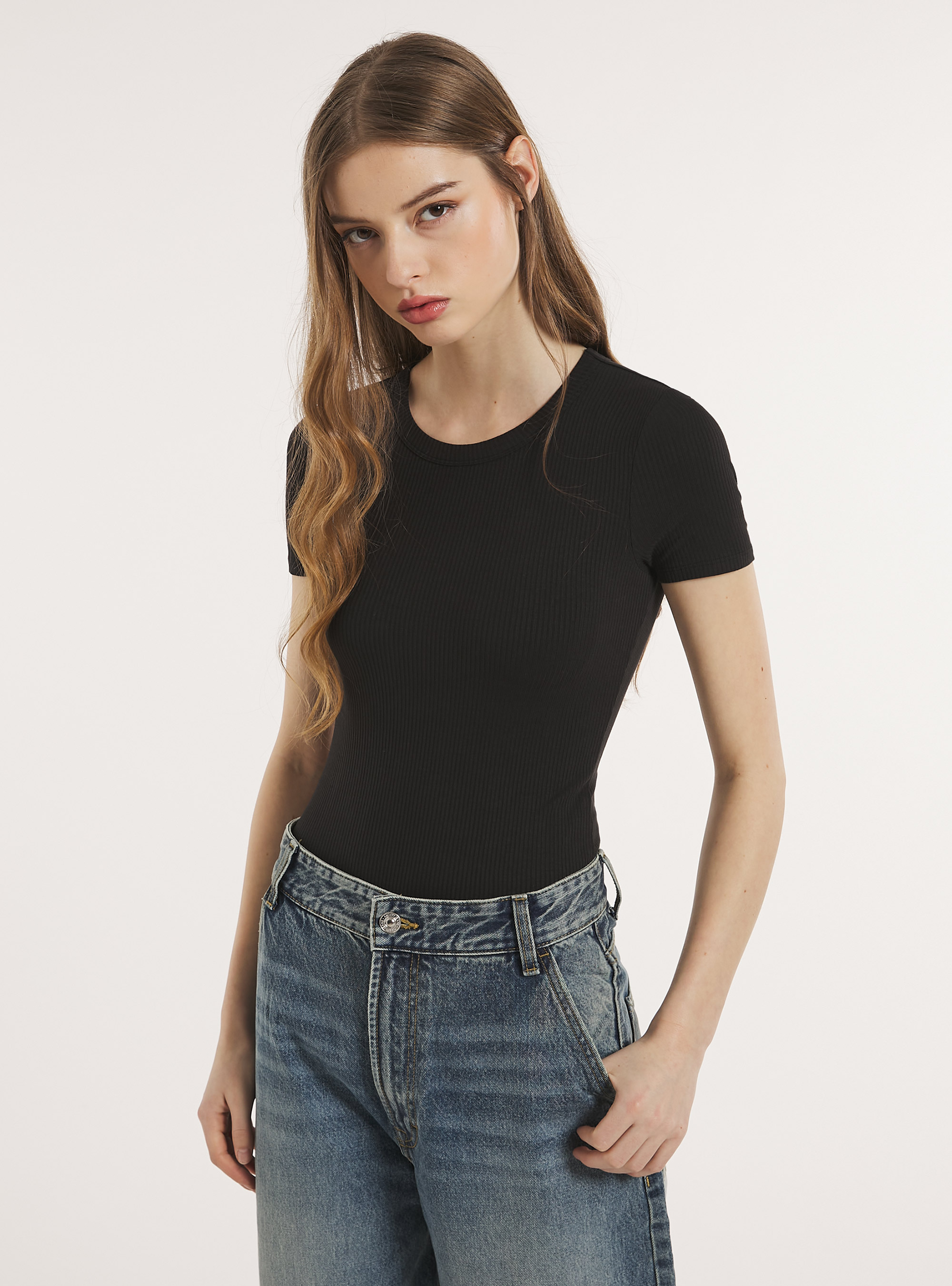 Gerippter Kurzarm-Body, BK1 BLACK