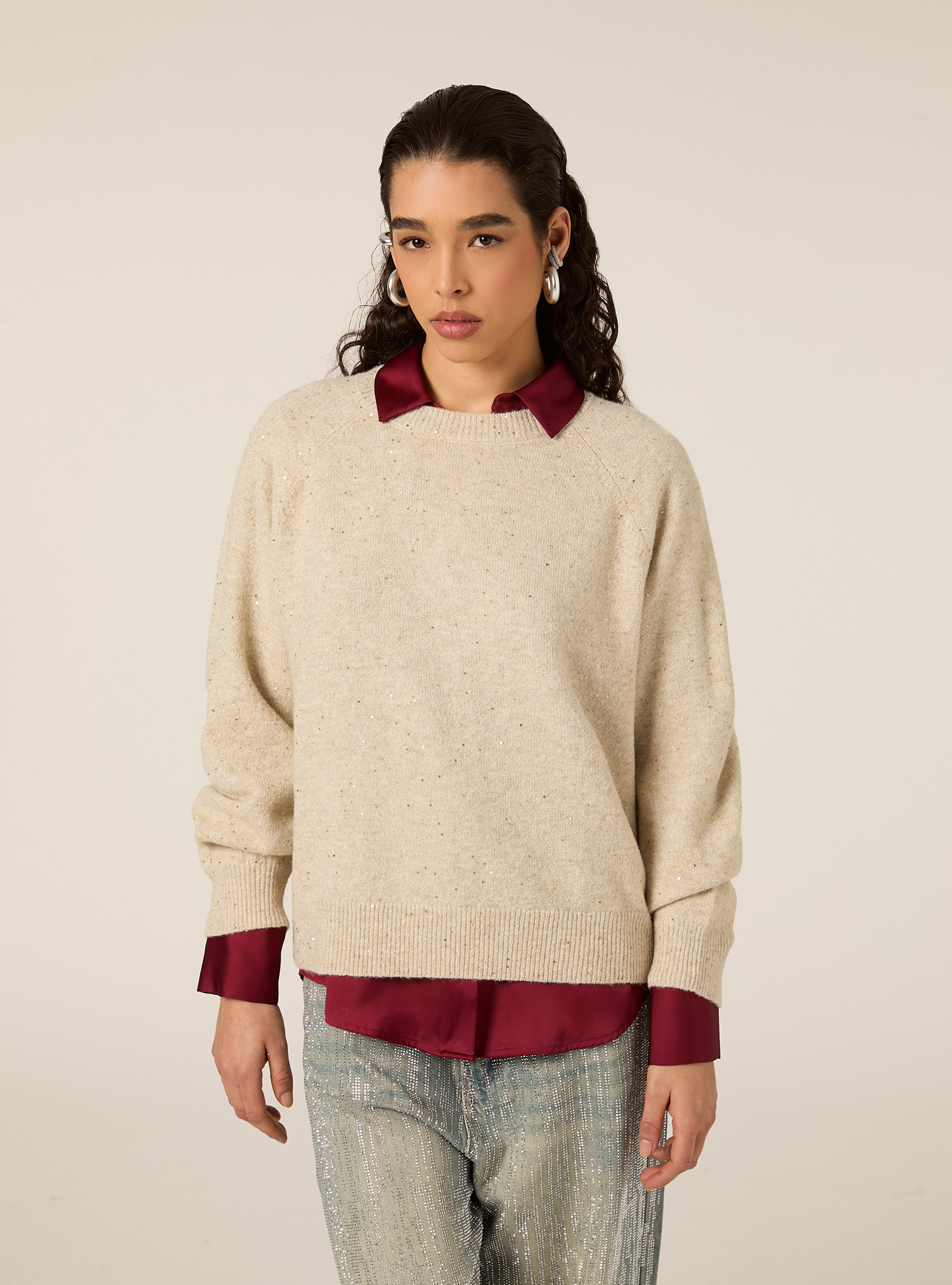 Maglia girocollo manica raglan in lurex, BG3 BEIGE LIGHT