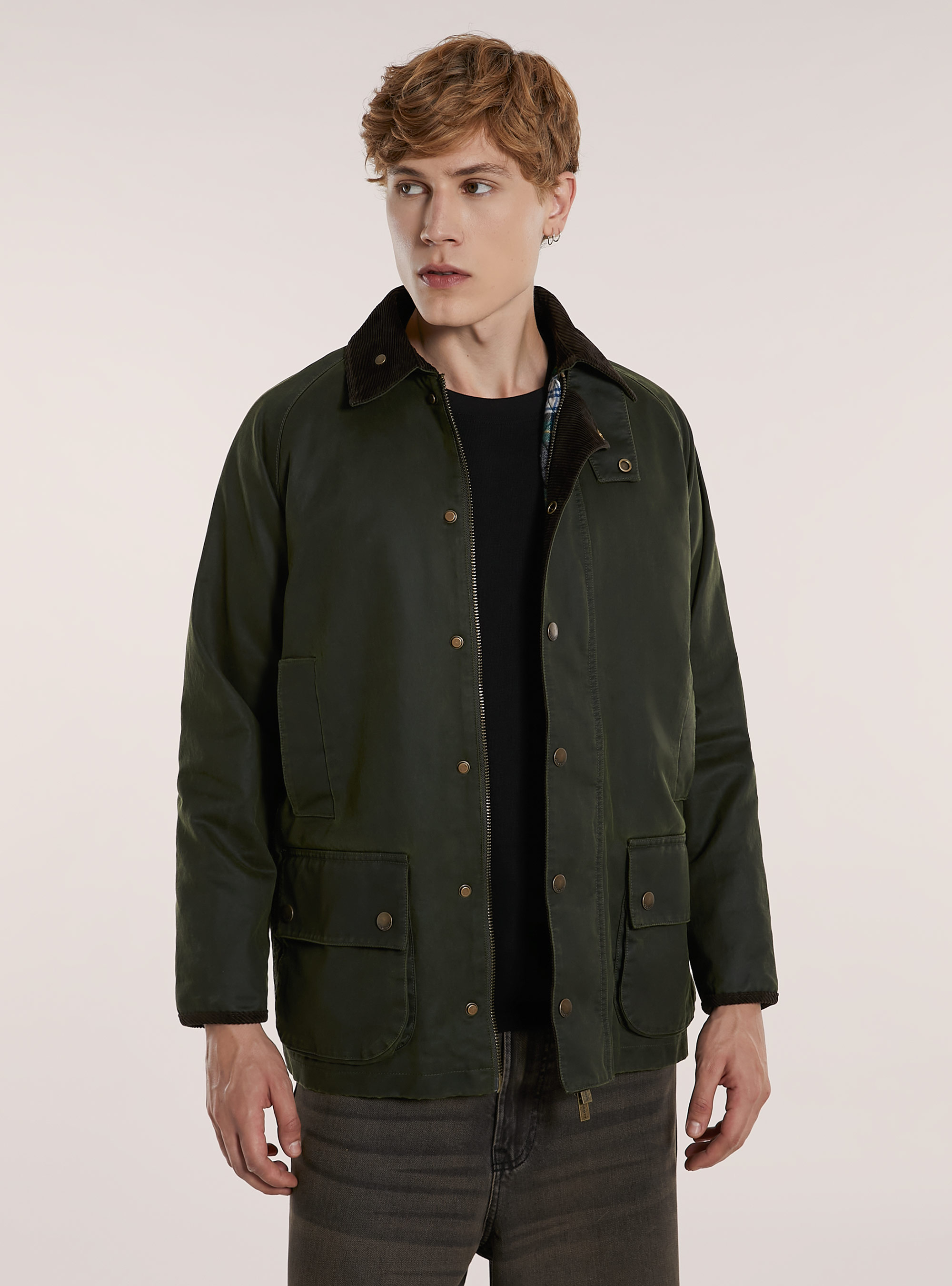 Waxed cotton jacket with velvet collar, KY1 KAKY DARK