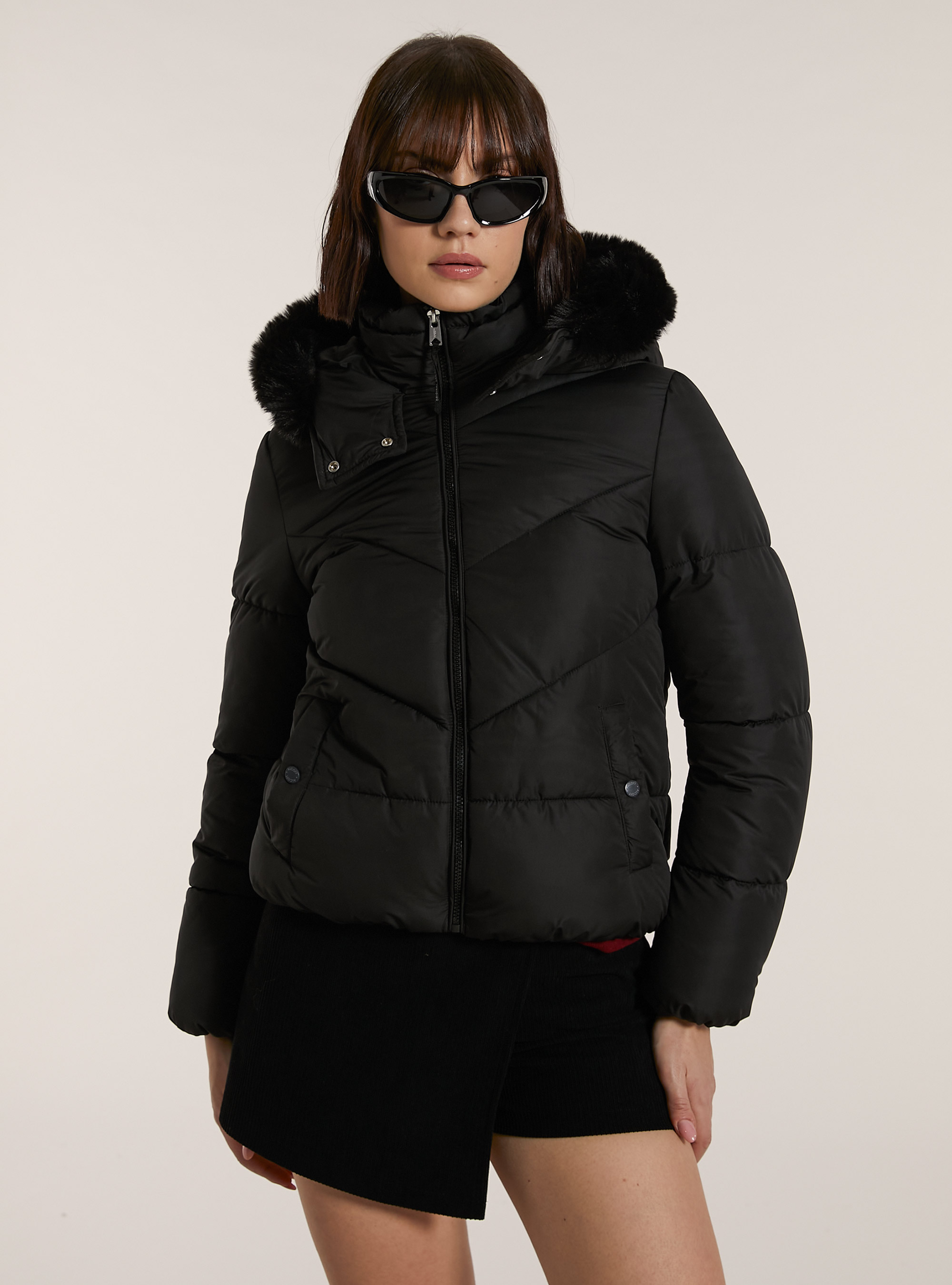 Puffy jacket with faux fur hood, BK1 BLACK