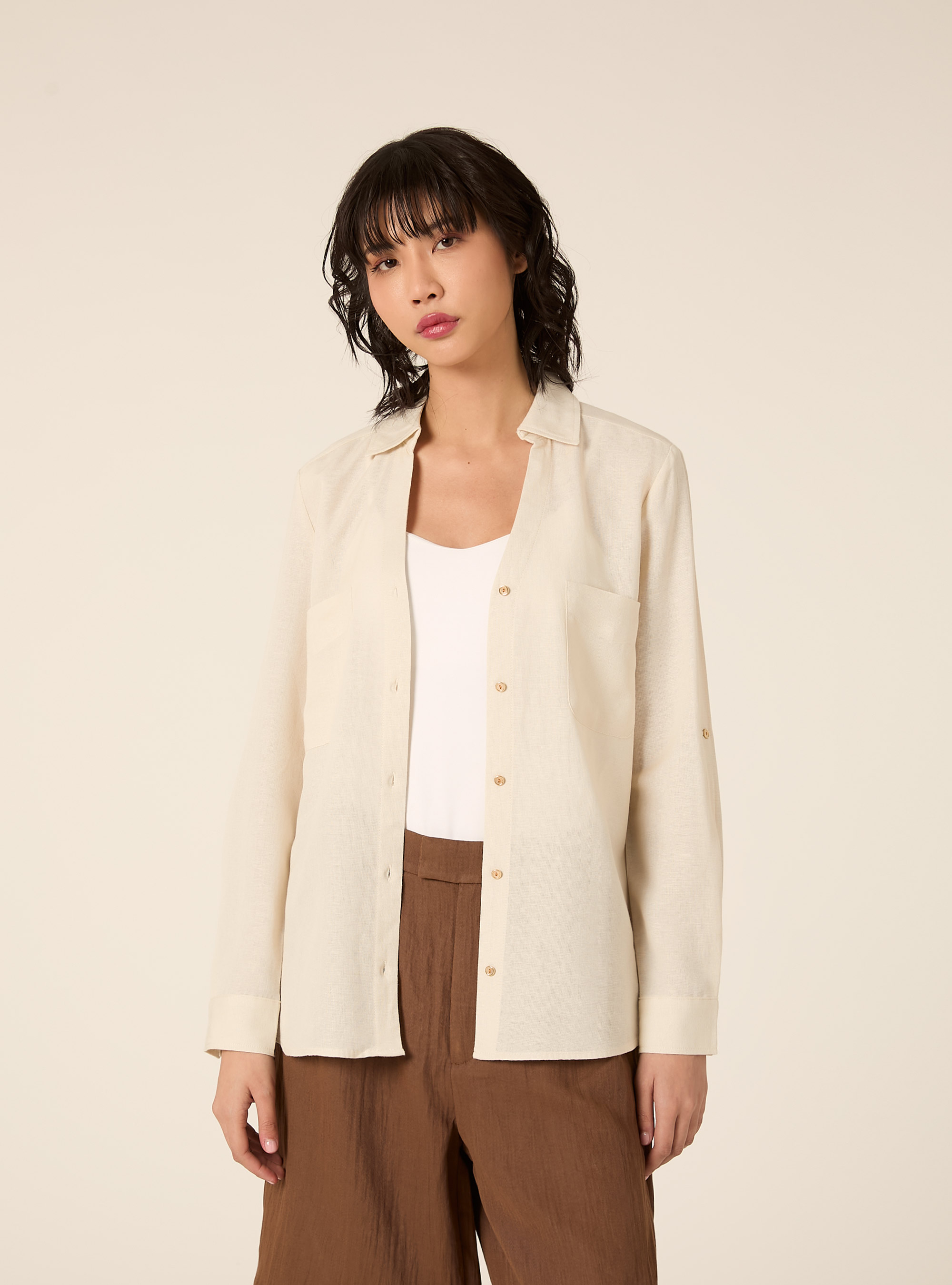 Camicia blusa in misto lino, CR2 CREAM MEDIUM