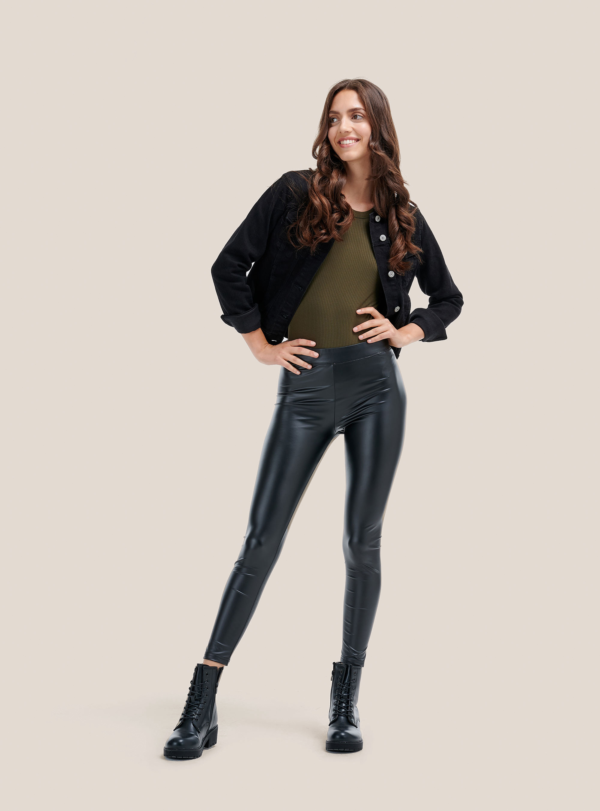 Leather effect leggings, BLACK