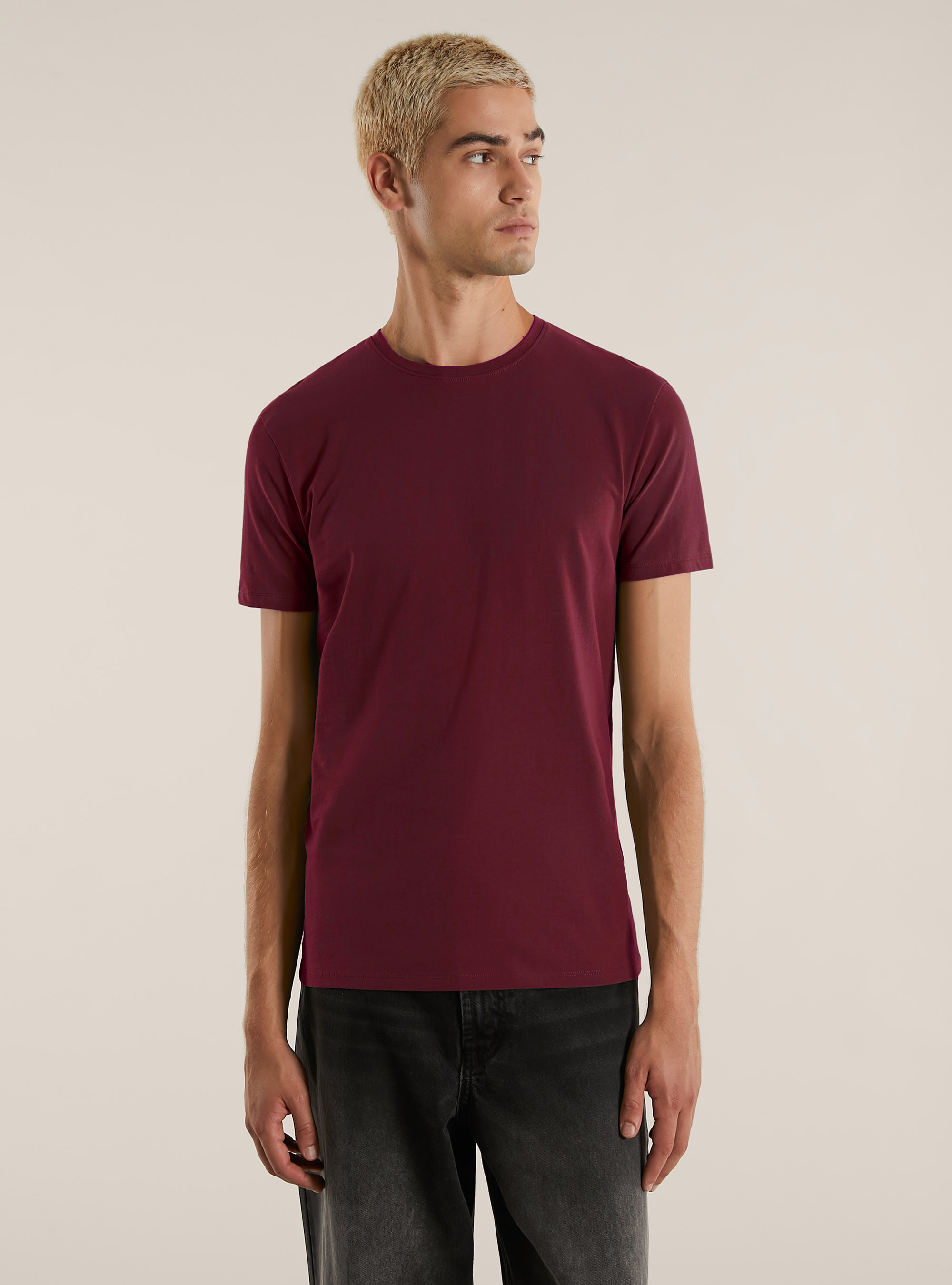 Camiseta b&aacute;sica lisa de cuello redondo, C322 BORDEAUX