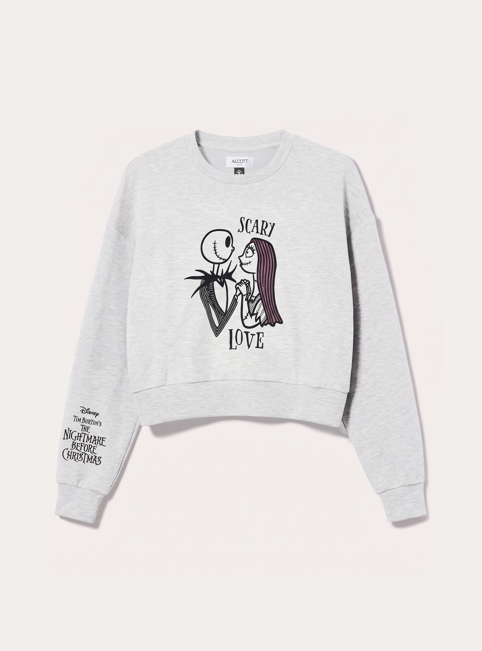 Cropped crew neck sweatshirt with Disney Nightmare Before Christmas print / Alcott, MGY3 GREY MEL LIGHT
