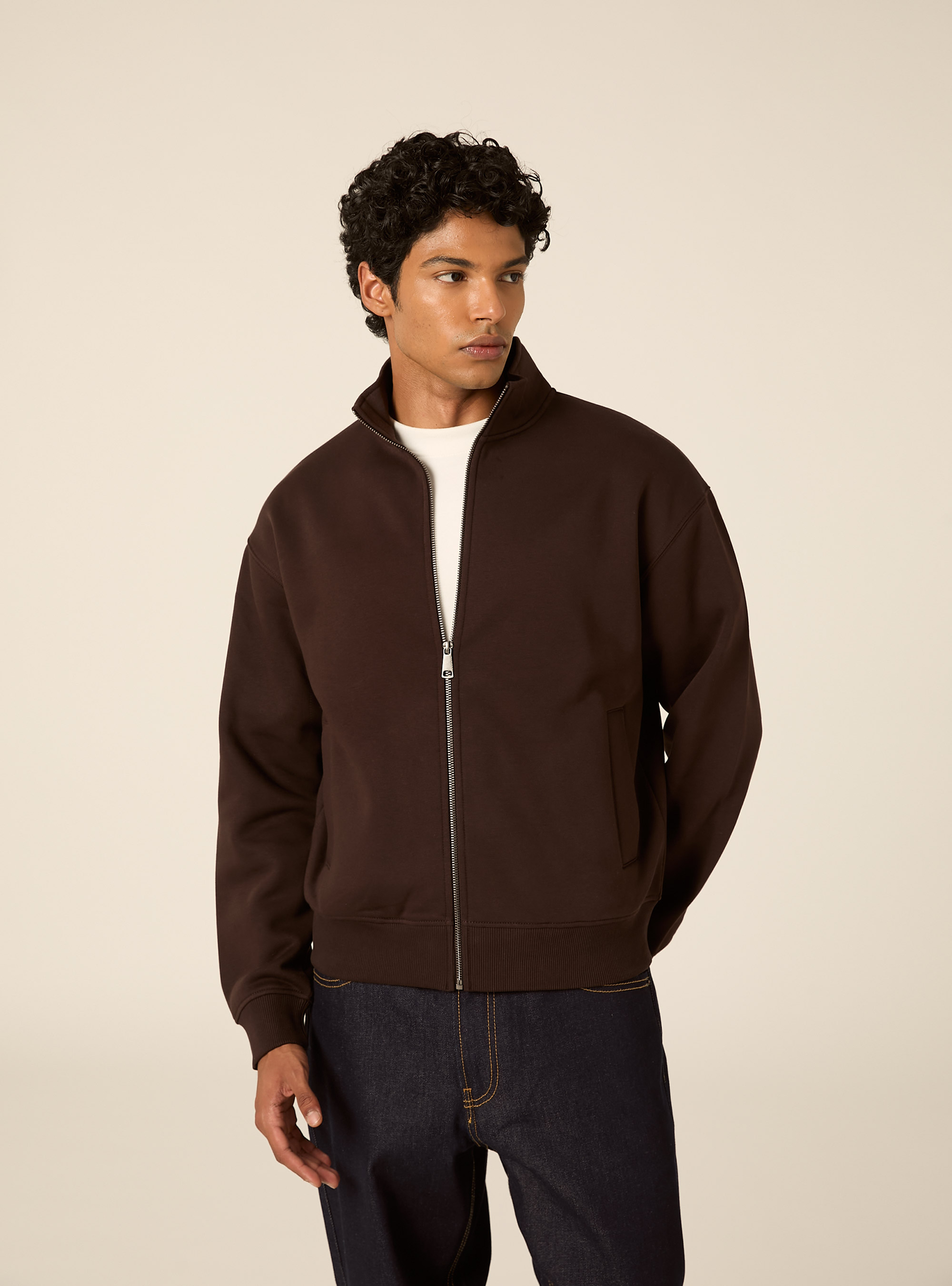 Cardigan con cerniera mezzocollo, BR1 BROWN DARK