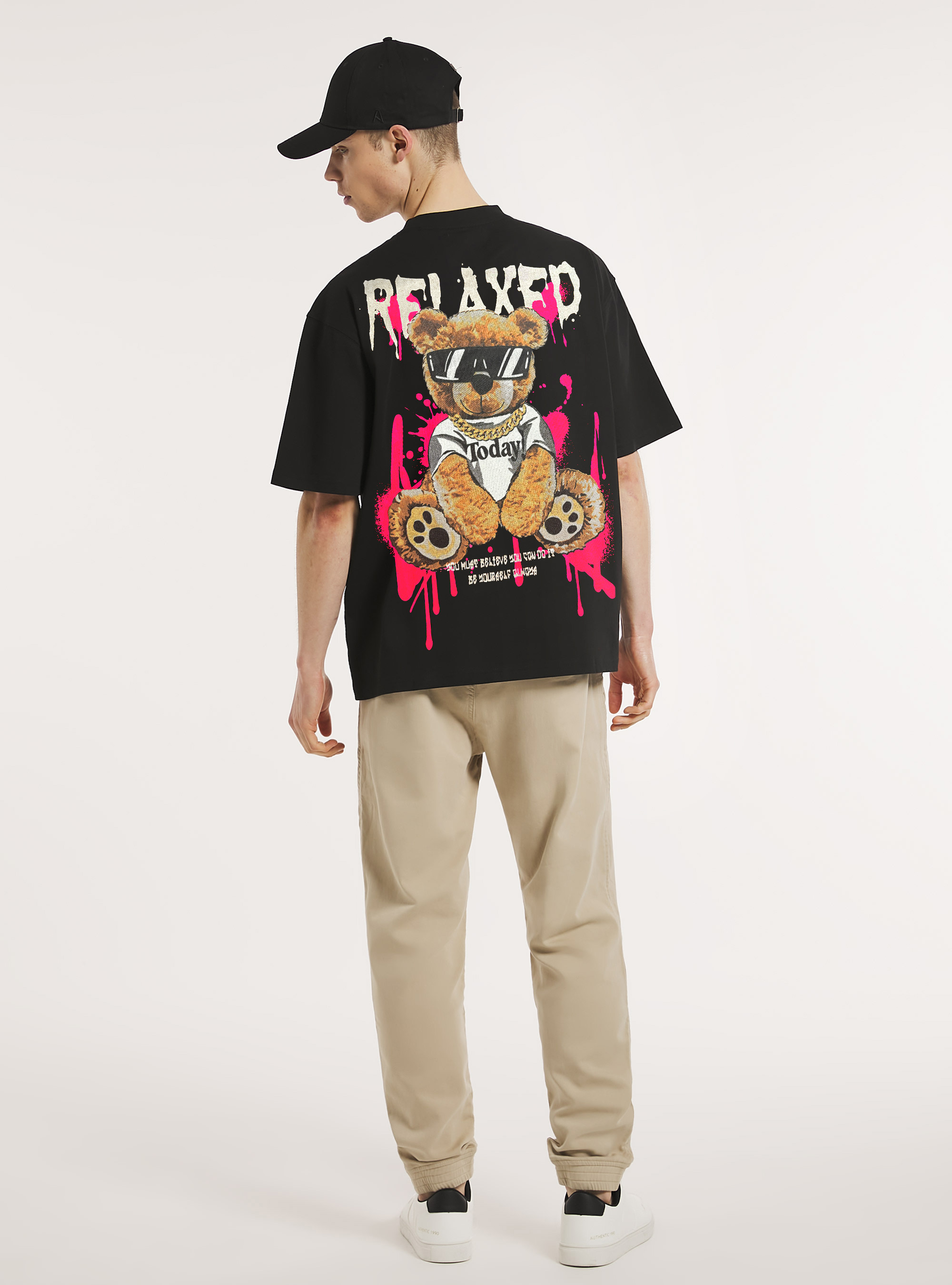 T-shirt boxy fit con stampa relaxed orso, BK1 BLACK