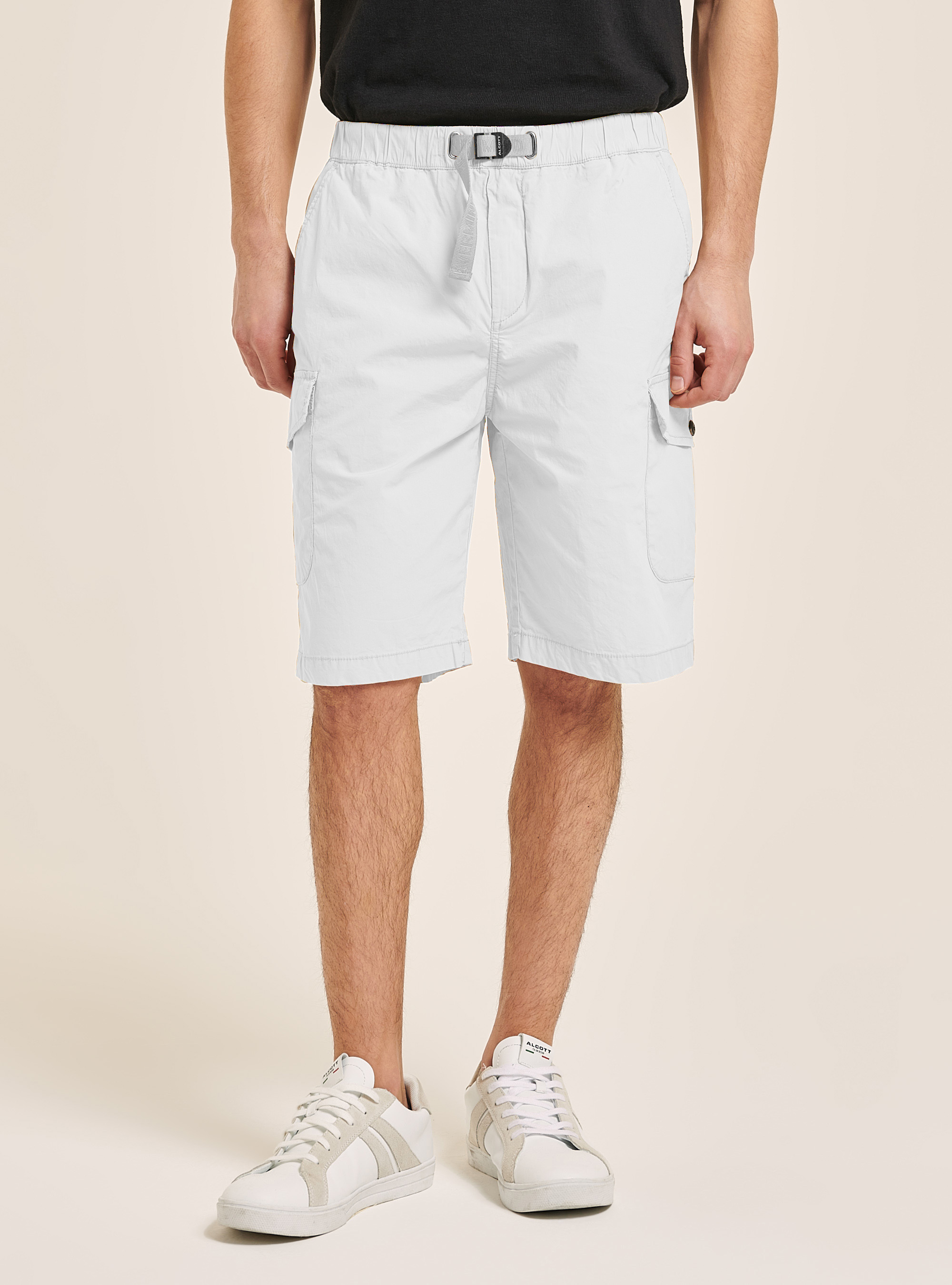 Cotton cargo bermuda shorts with strap, WHITE
