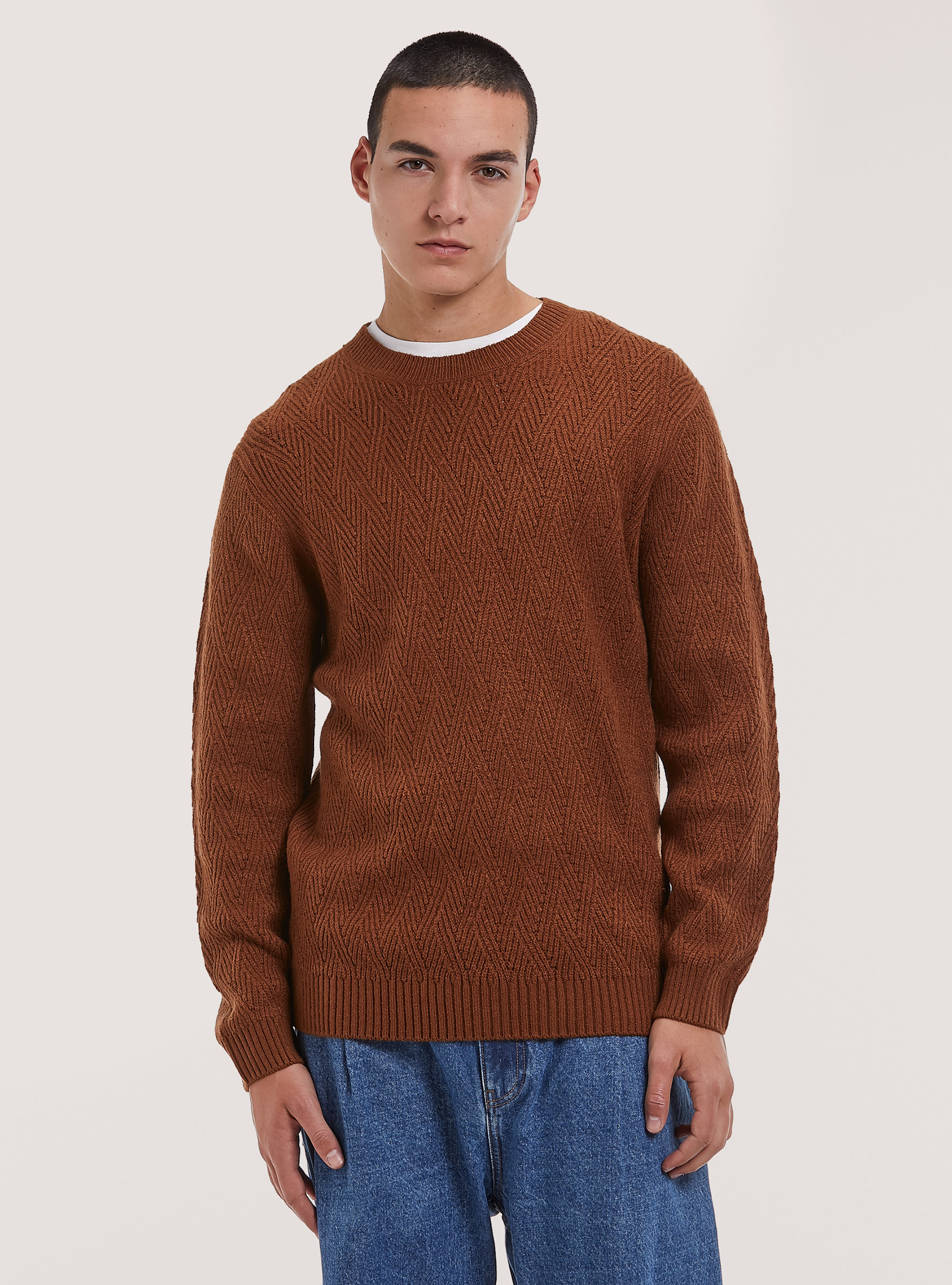 Soft pullover with geometric texture, TB1 TOBACCO DARK