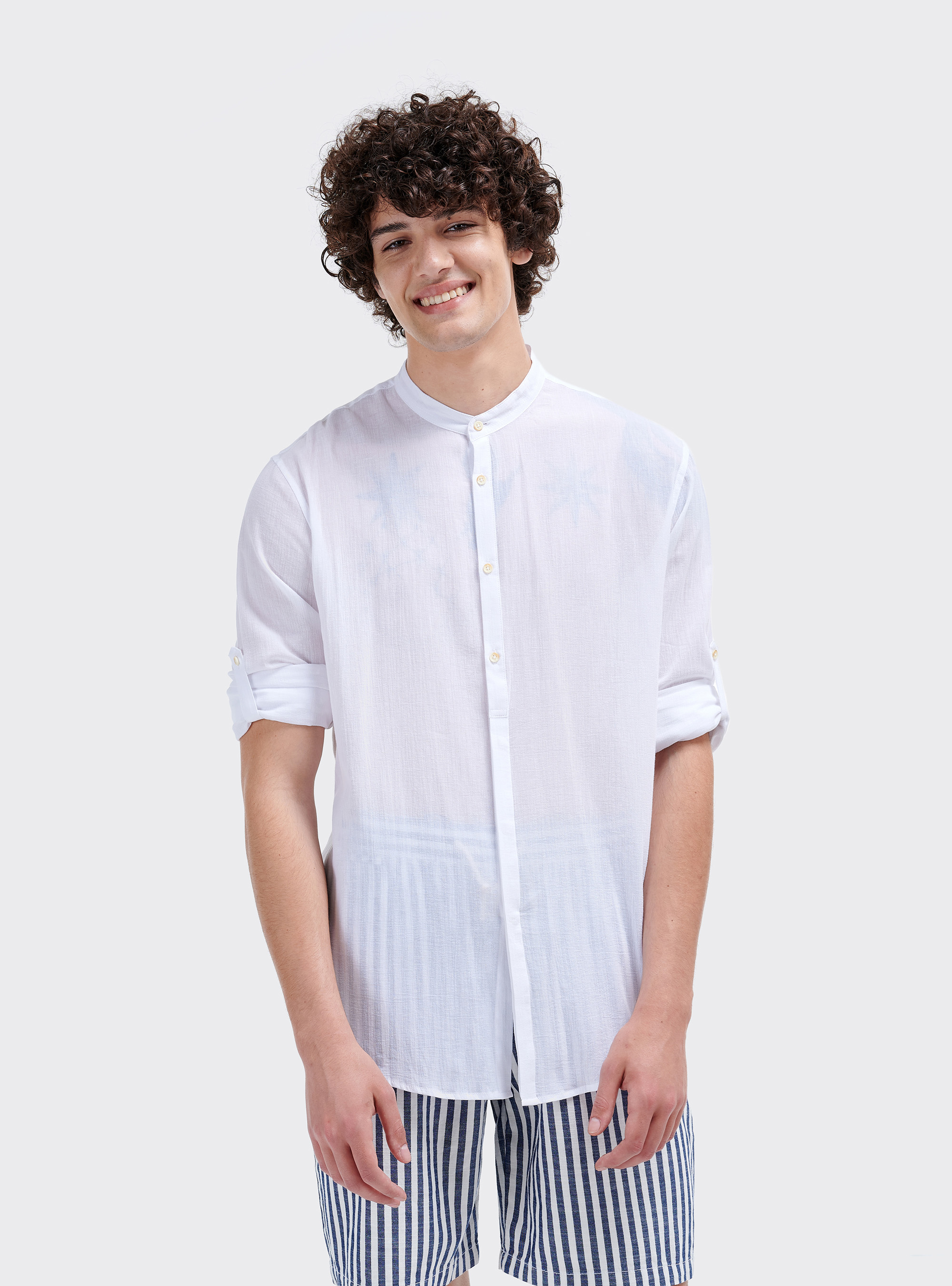 Chemise col mao à manches longues, C099 WHITE