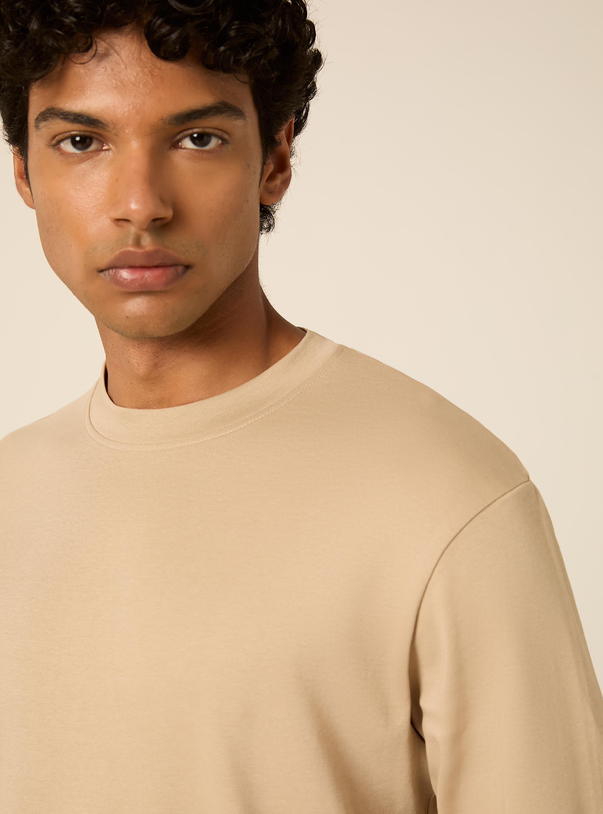 Maglia girocollo maniche lunghe interlock, BEIGE MEDIO