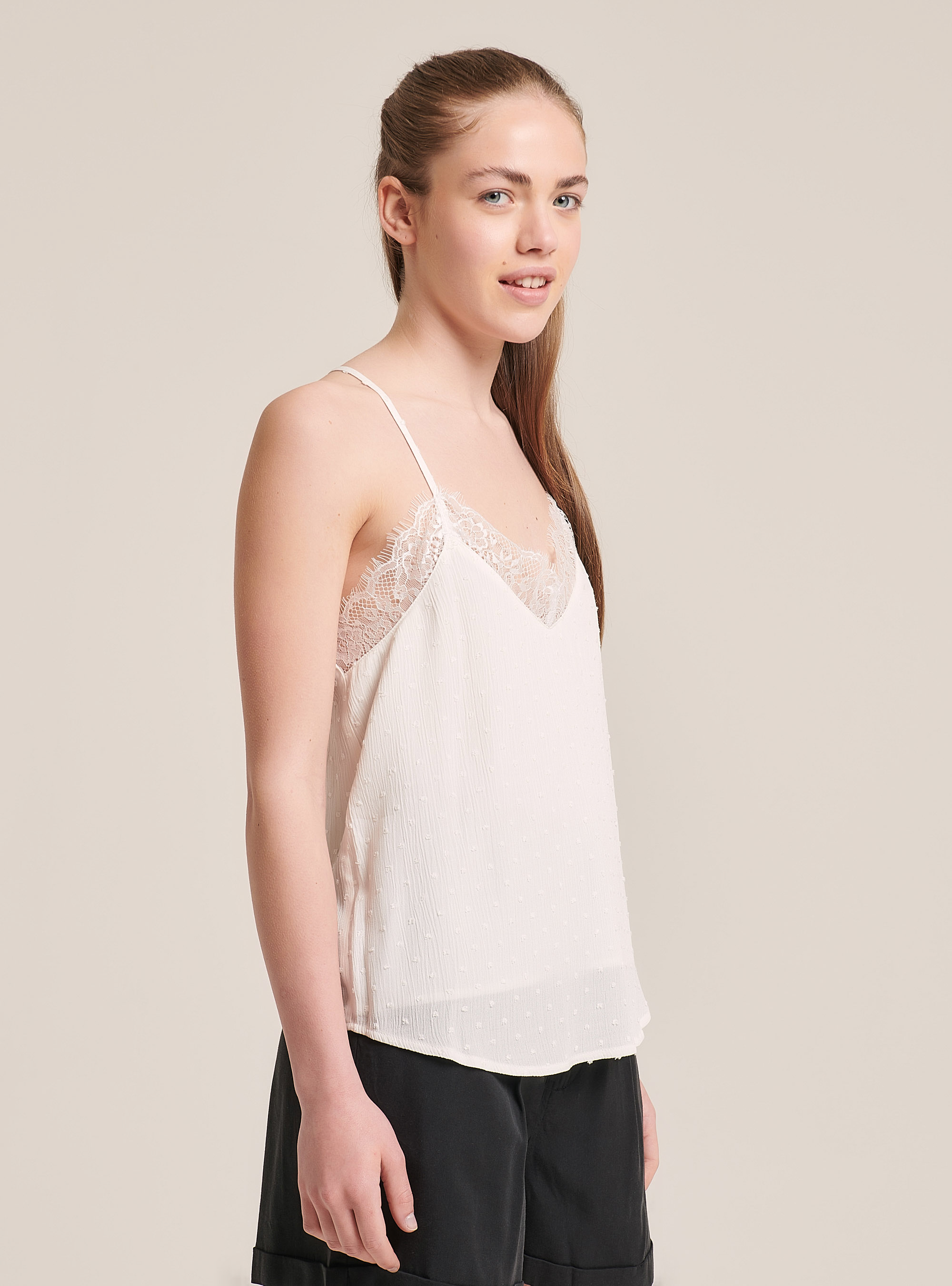 Blusa con detalle de encaje, BLANCO