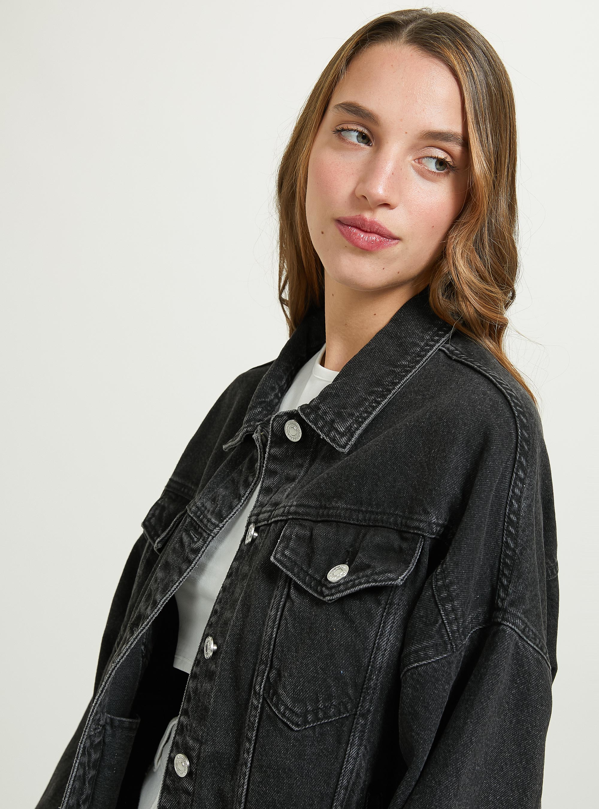 Denim jacket with elasticated waist, D000 BLACK