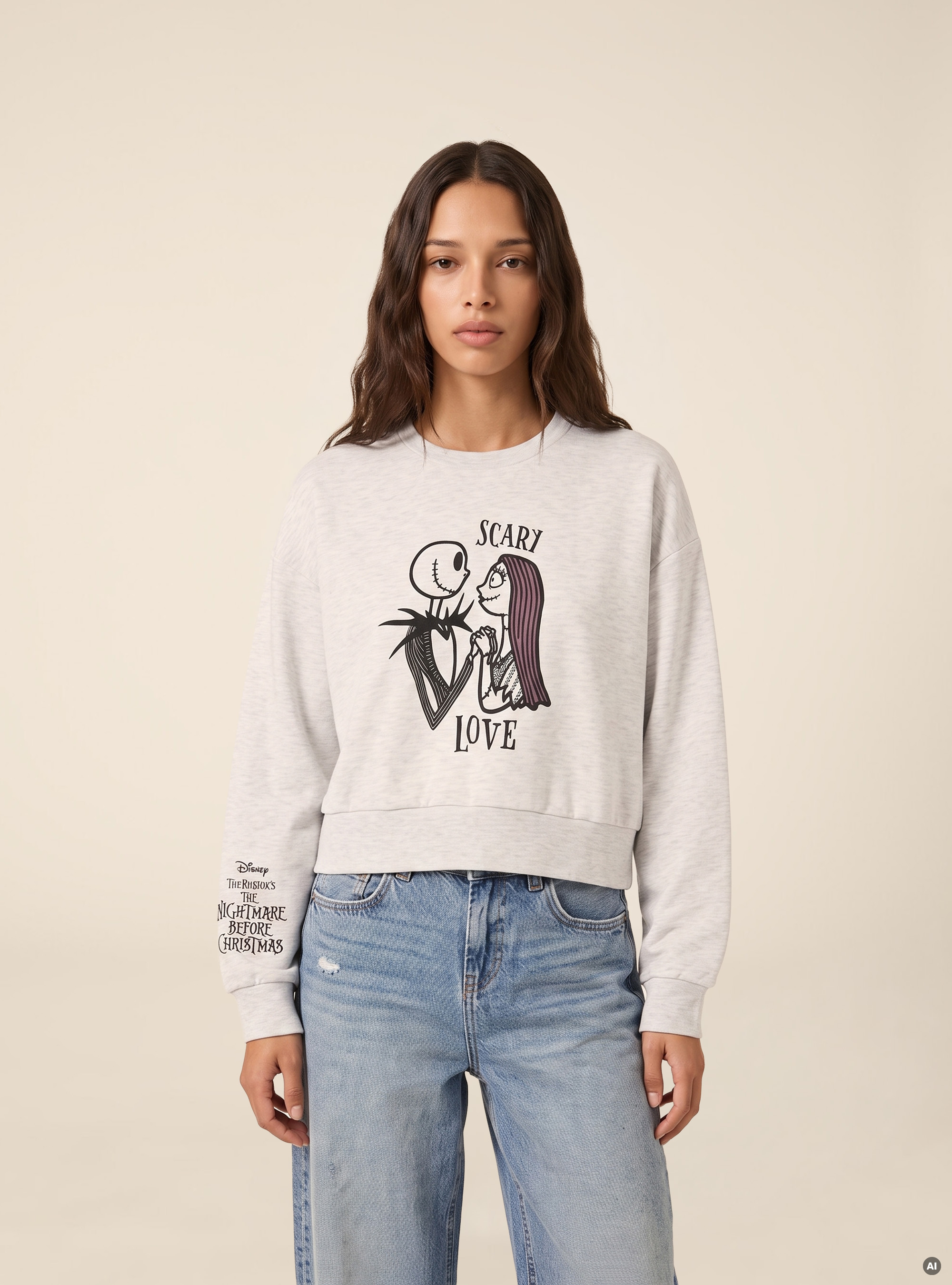 Cropped crew neck sweatshirt with Disney Nightmare Before Christmas print / Alcott, MGY3 GREY MEL LIGHT