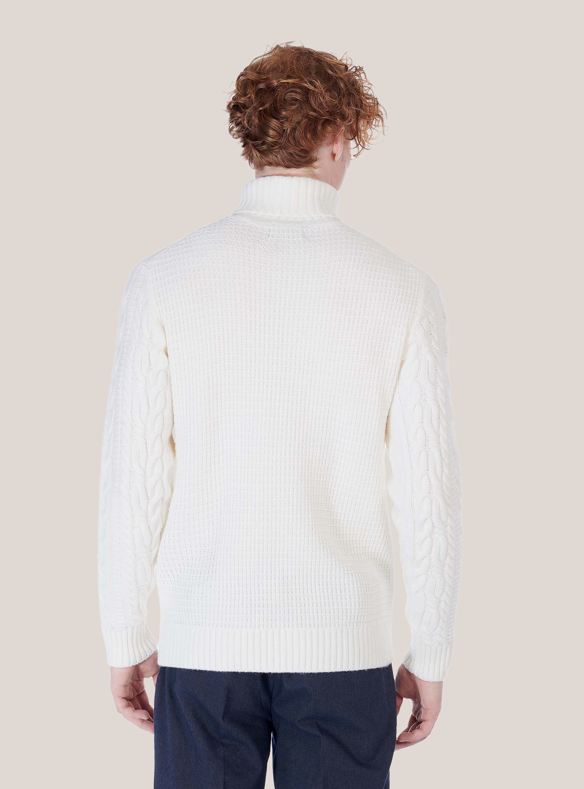 HIGH NECK BRAIDED  WOOL SWEATER, WHITE
