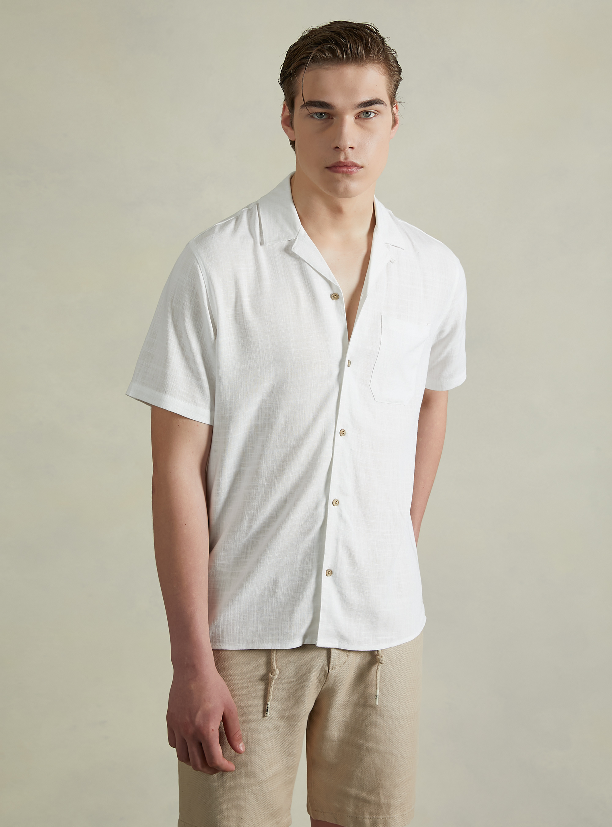 Linen blend shirt with bowling collar, WH1 OFF WHITE