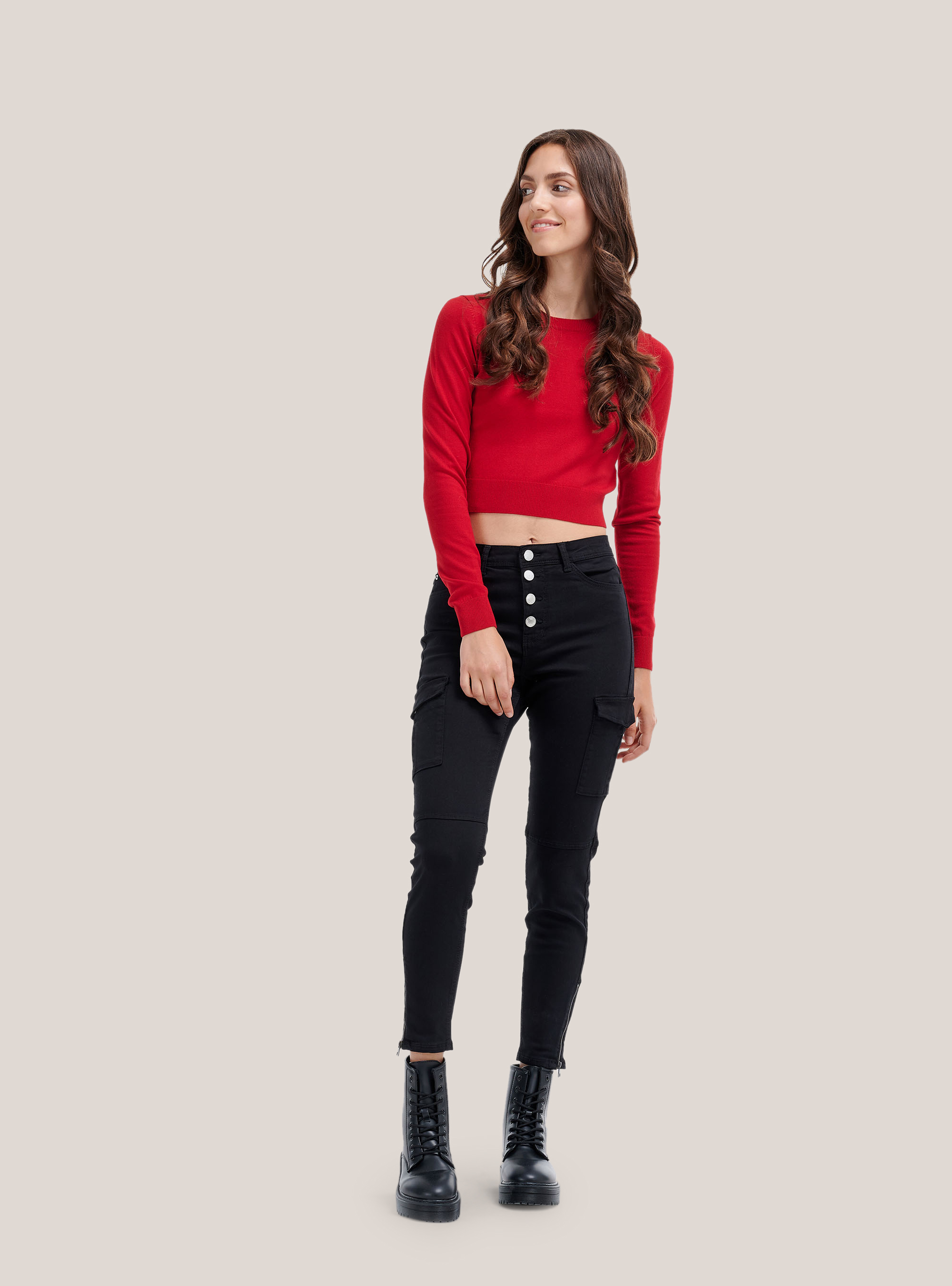 Kurzer Pullover mit Rundhalsausschnitt, C4498 RED