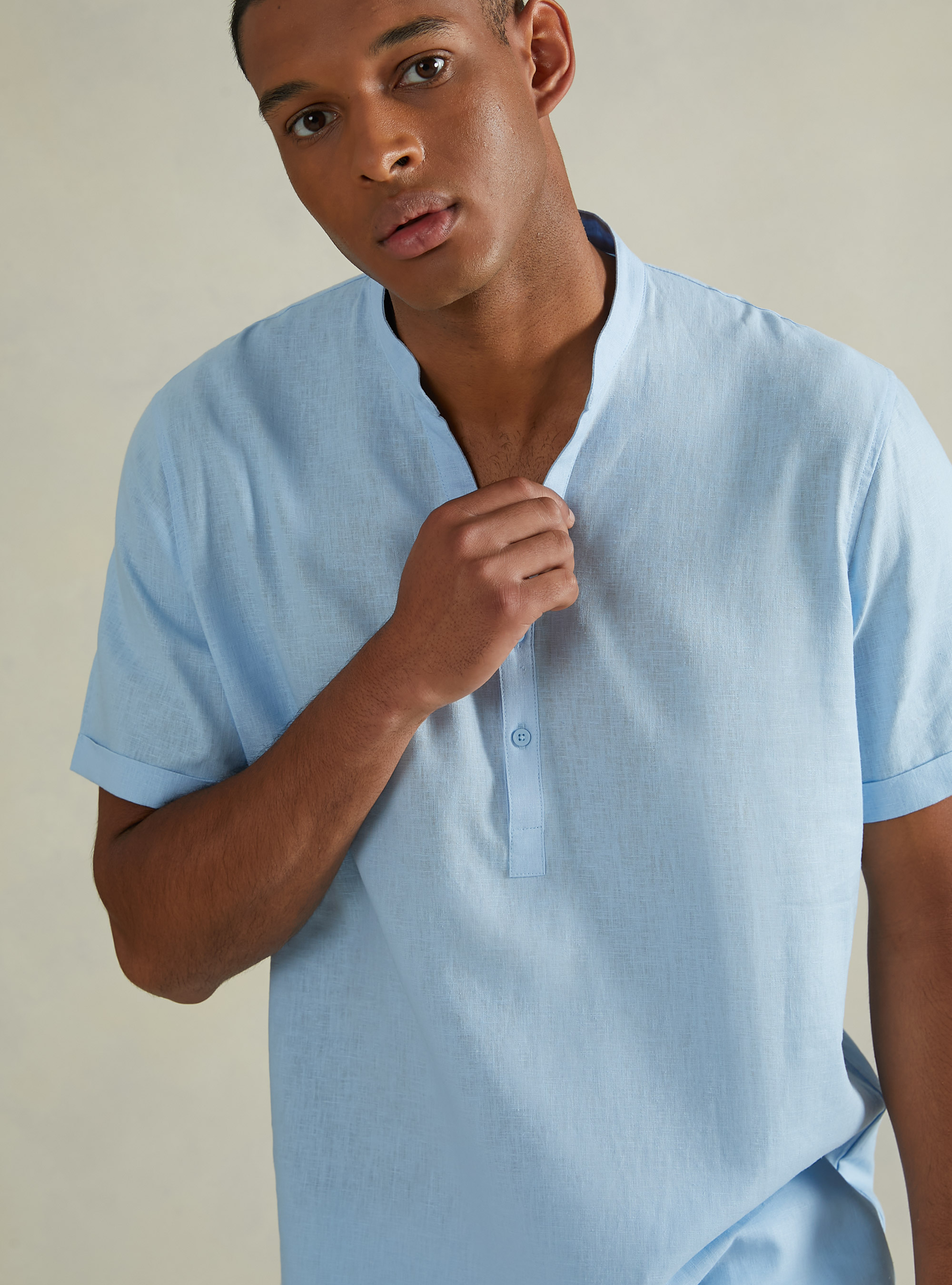 Camicia con collo coreano in misto lino, AZ3 AZURE LIGHT