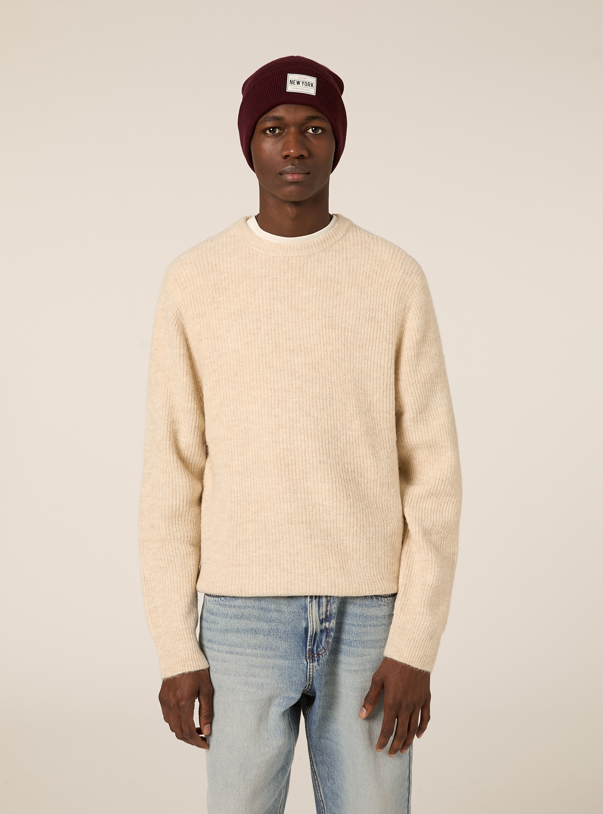 English ribbed crew neck jumper, MBG3 BEIGE MEL LIGHT
