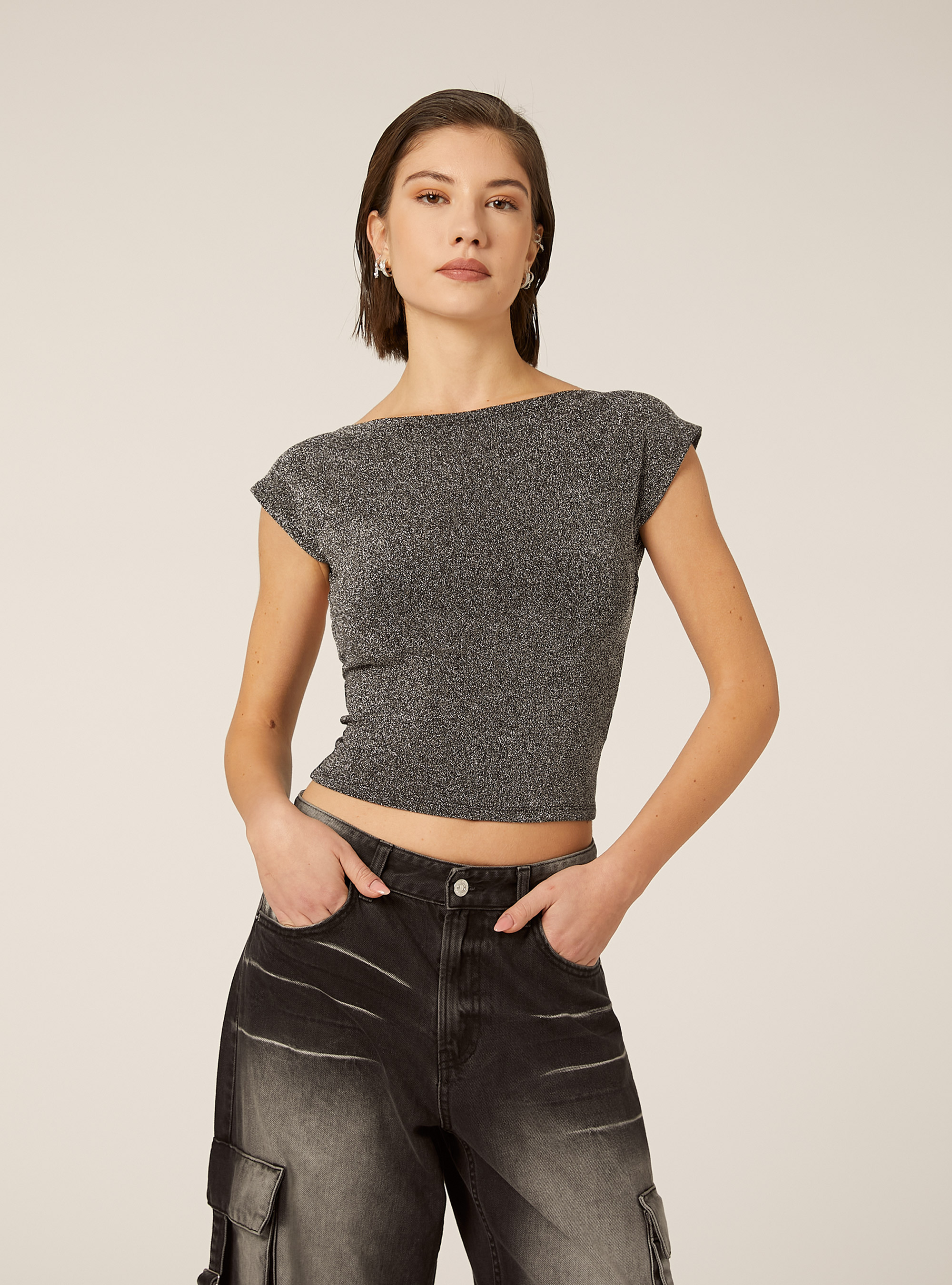 Camiseta metalizada con espalda descubierta, SV2 SILVER MEDIUM