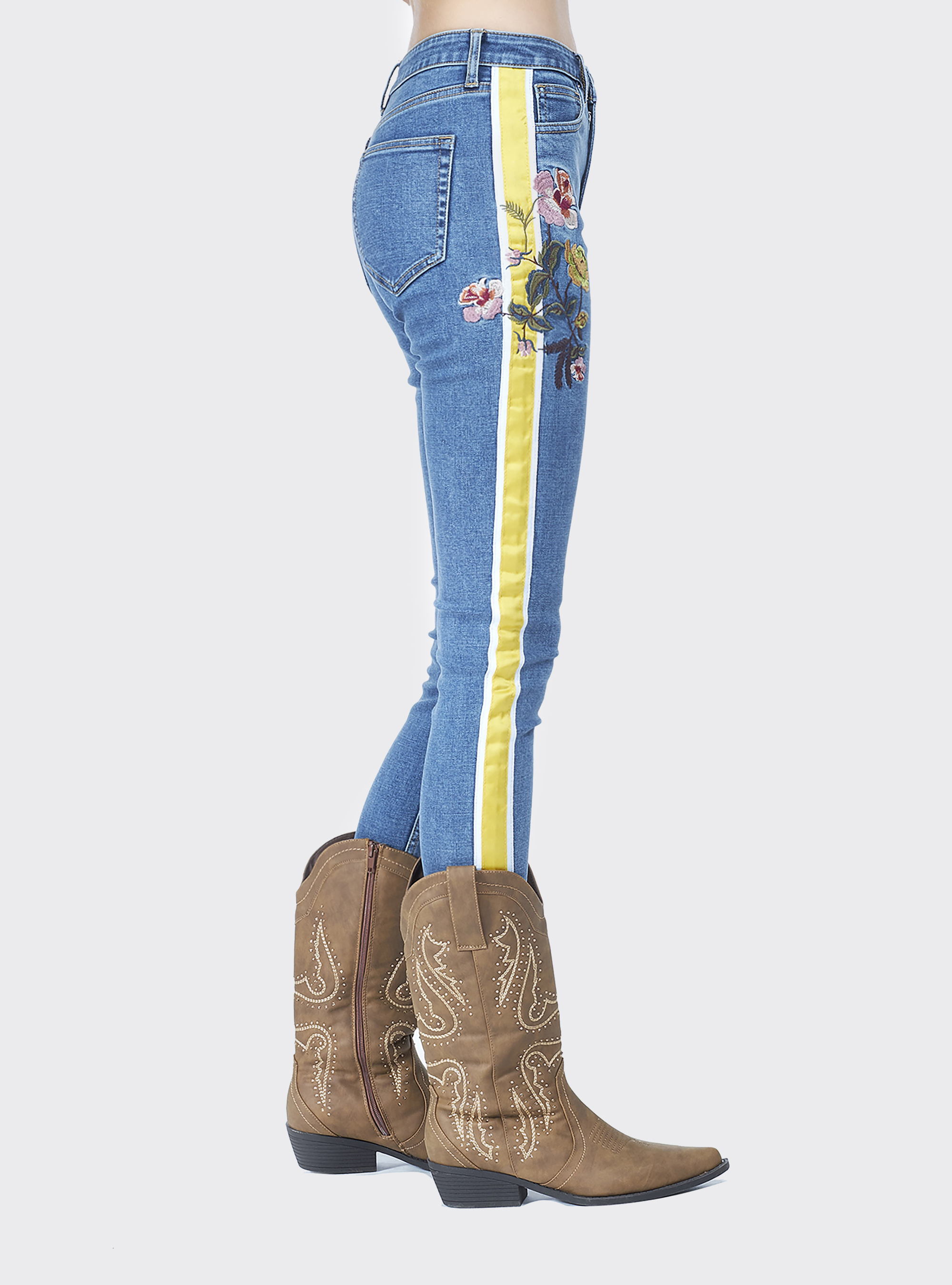 Jeans skinny fit con ricamo fiori a vita alta, AZZURRO