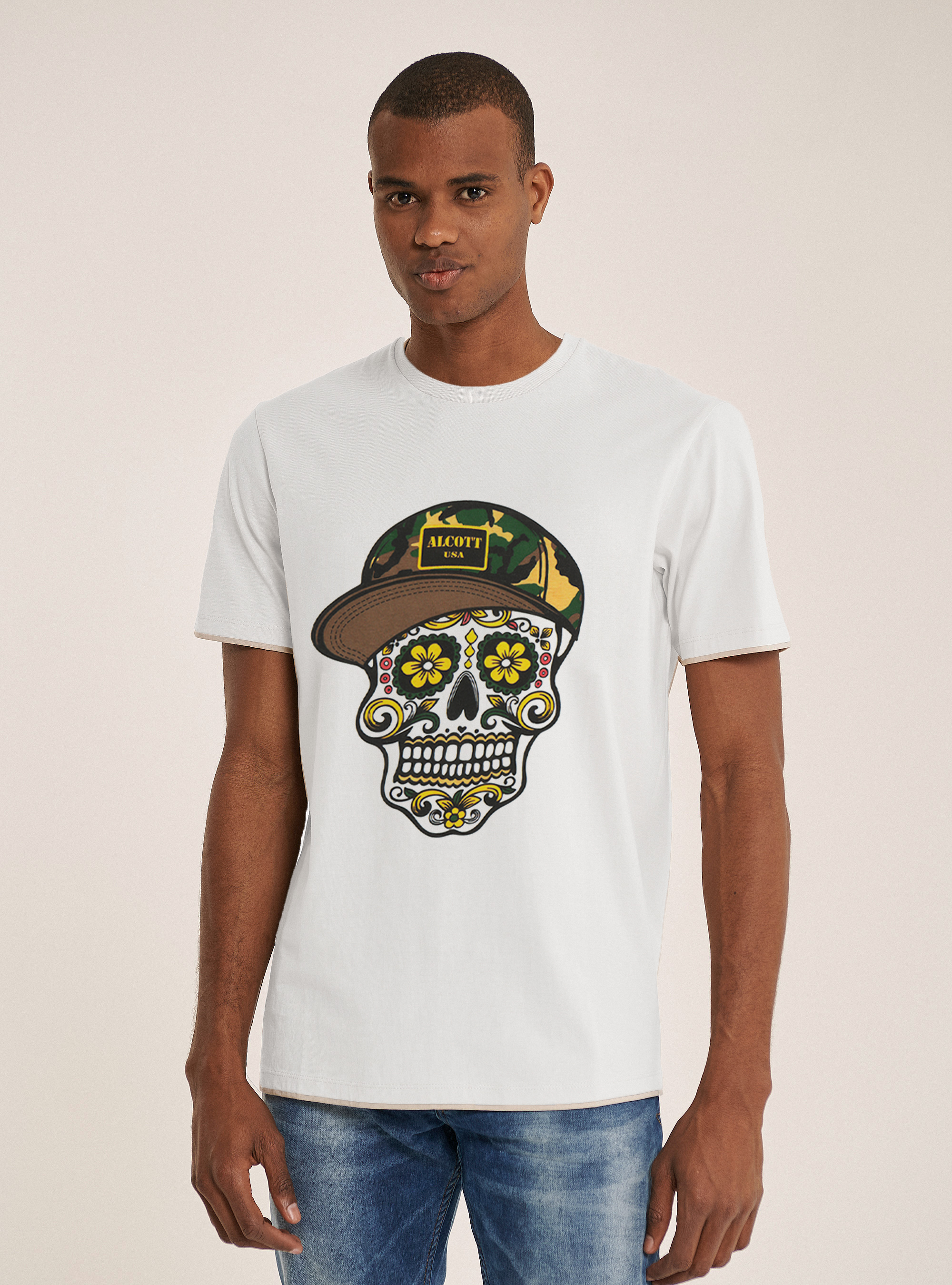 Camiseta de algodón con estampado de calavera, BLANCO