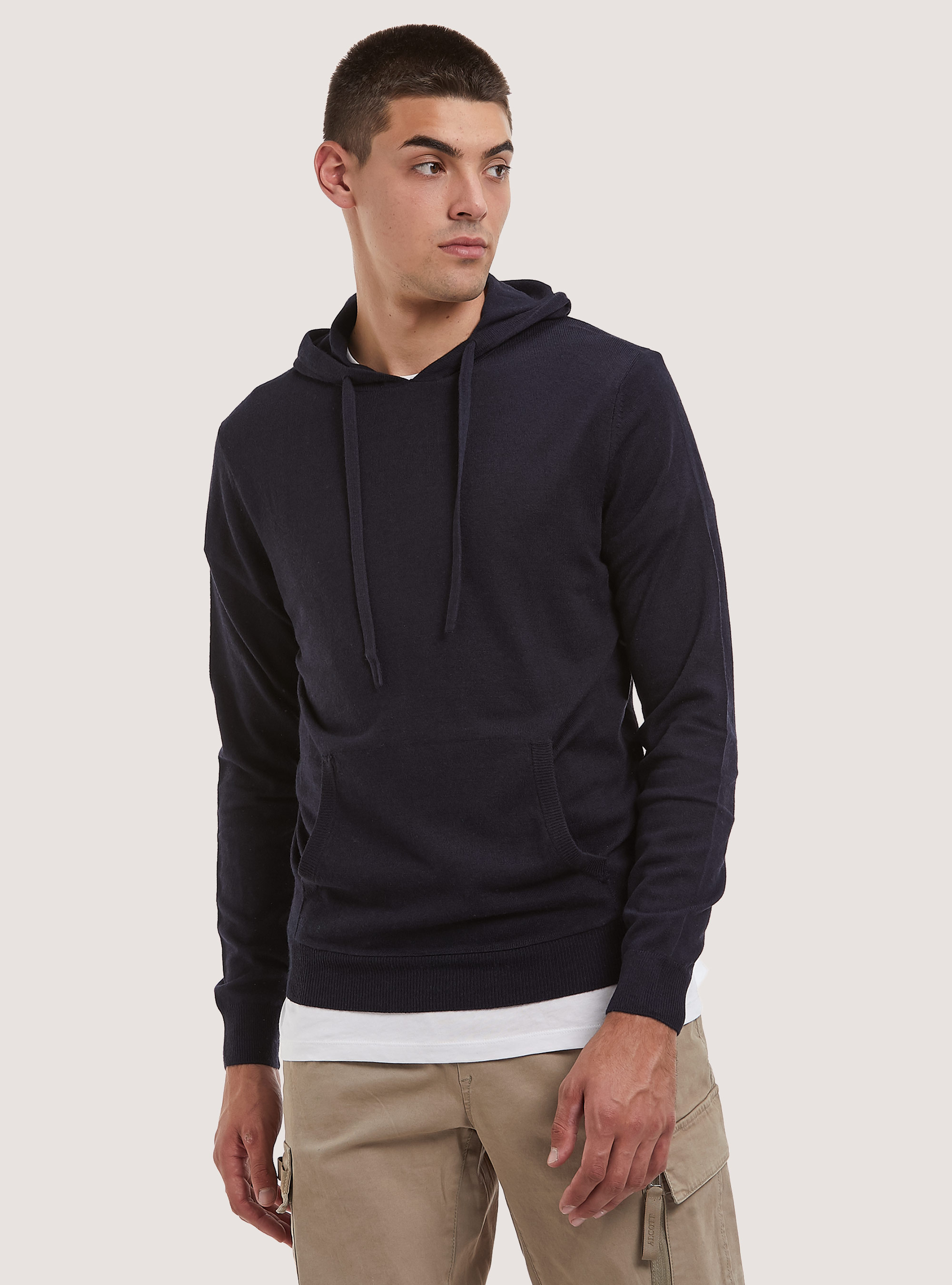Pullover fine con cappuccio soft touch, NA1 NAVY DARK