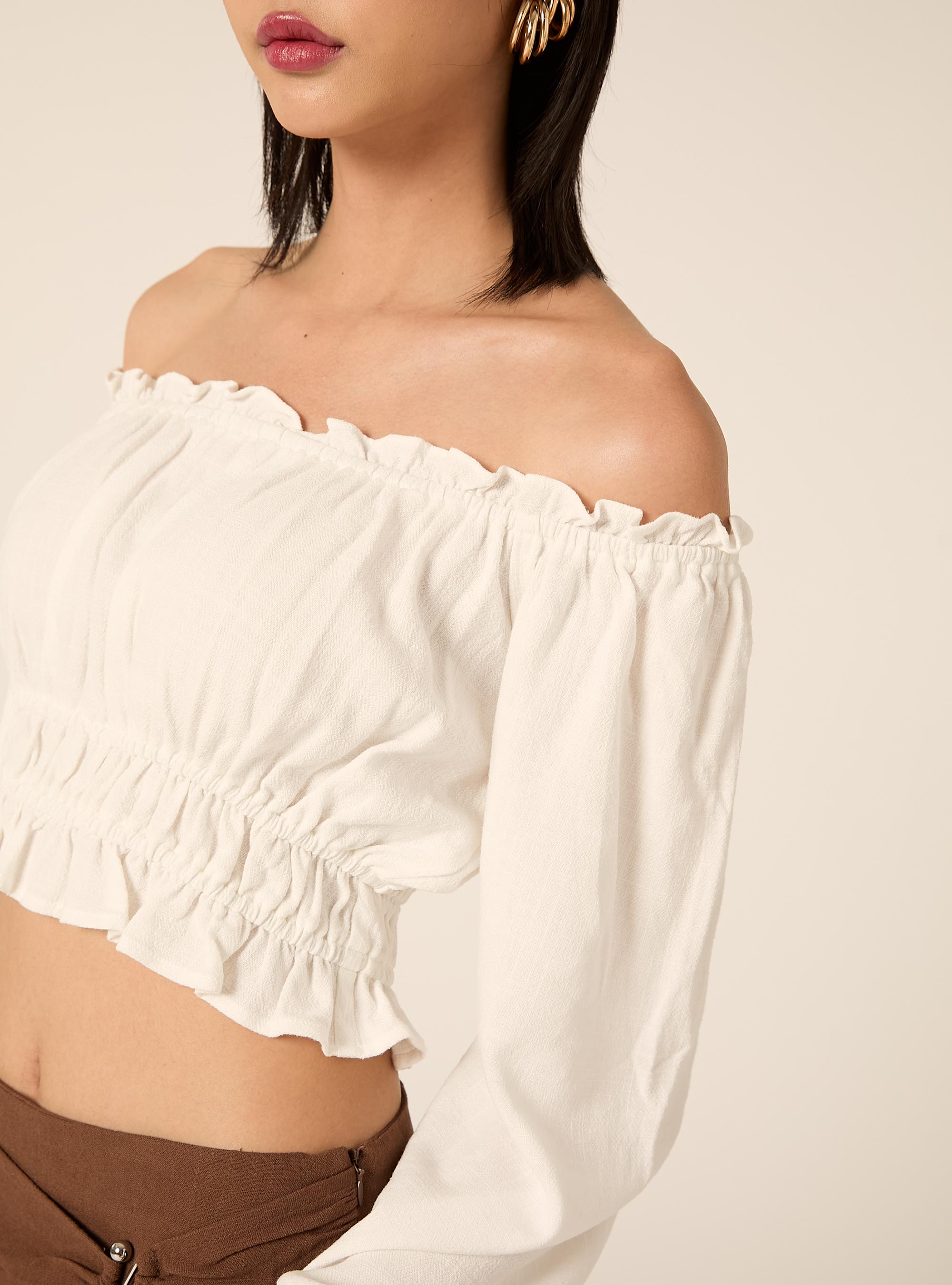 Blusa con spalle scoperte in misto lino, WH2 WHITE