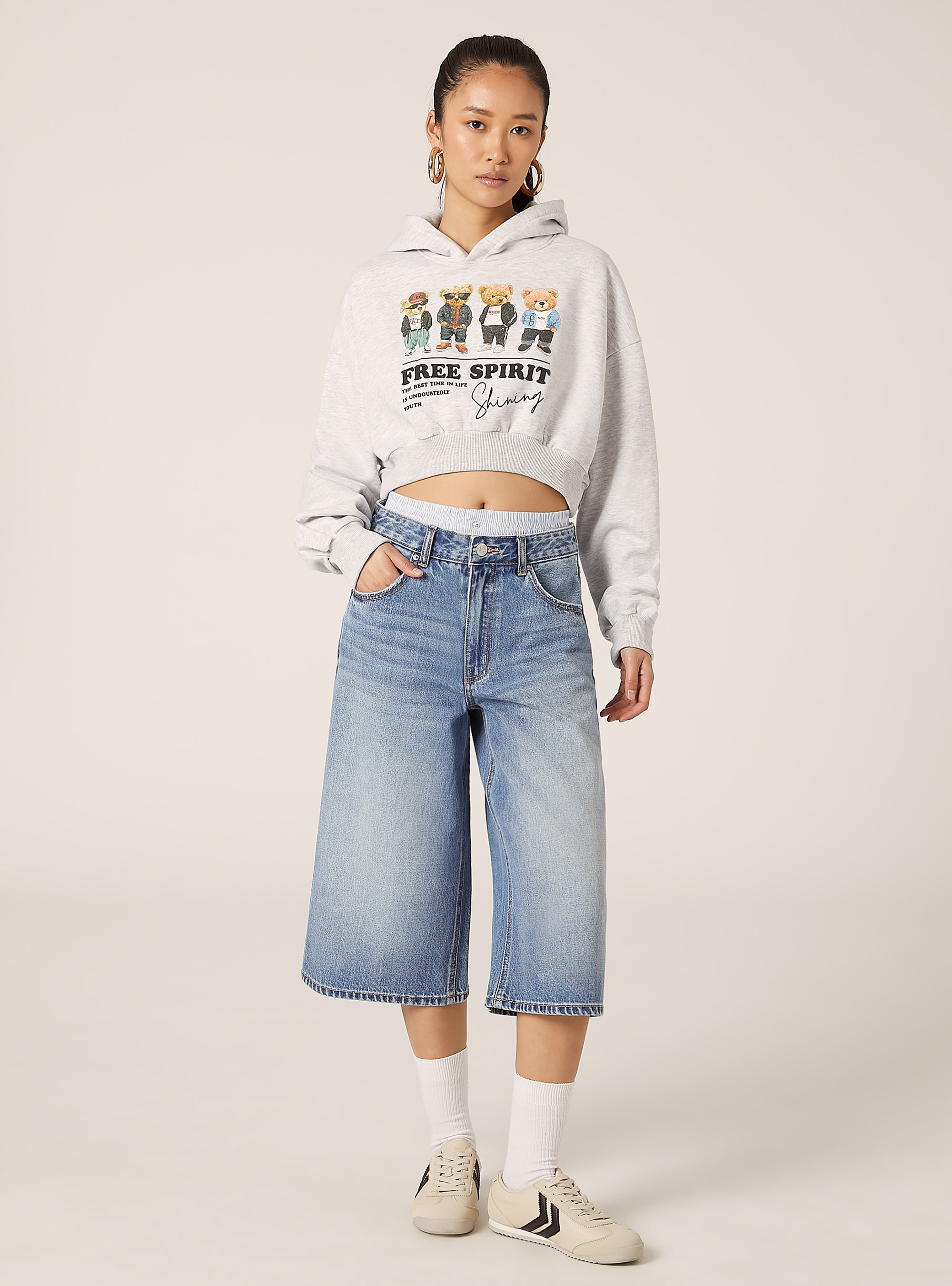 Sudadera crop fit con estampado Teddy, MGY3 GREY MEL LIGHT