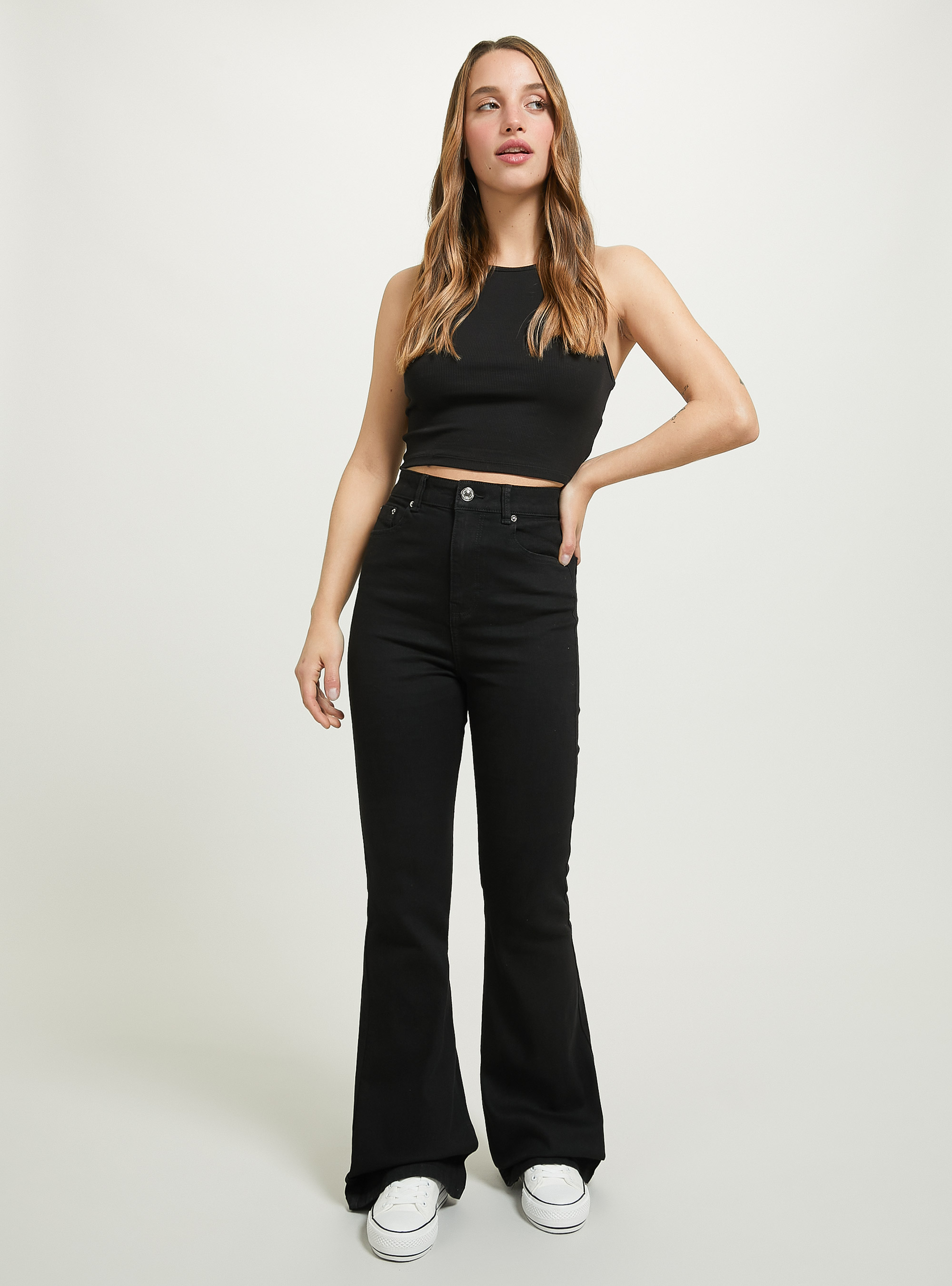 Pantalón acampanado de sarga elástica, BK1 BLACK