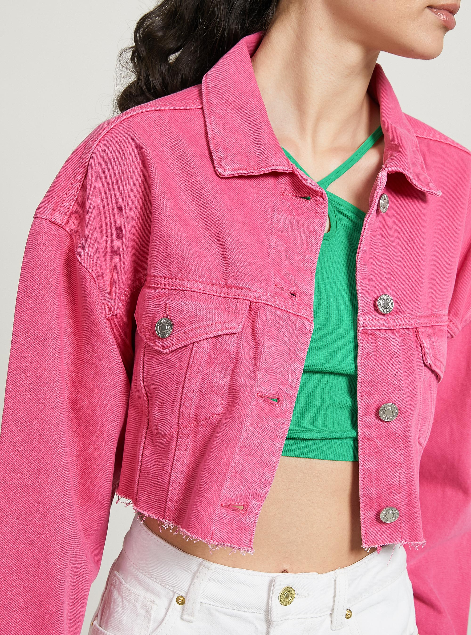 Giubbotto cropped in denim colorato, FX2 FUXIA MEDIUM