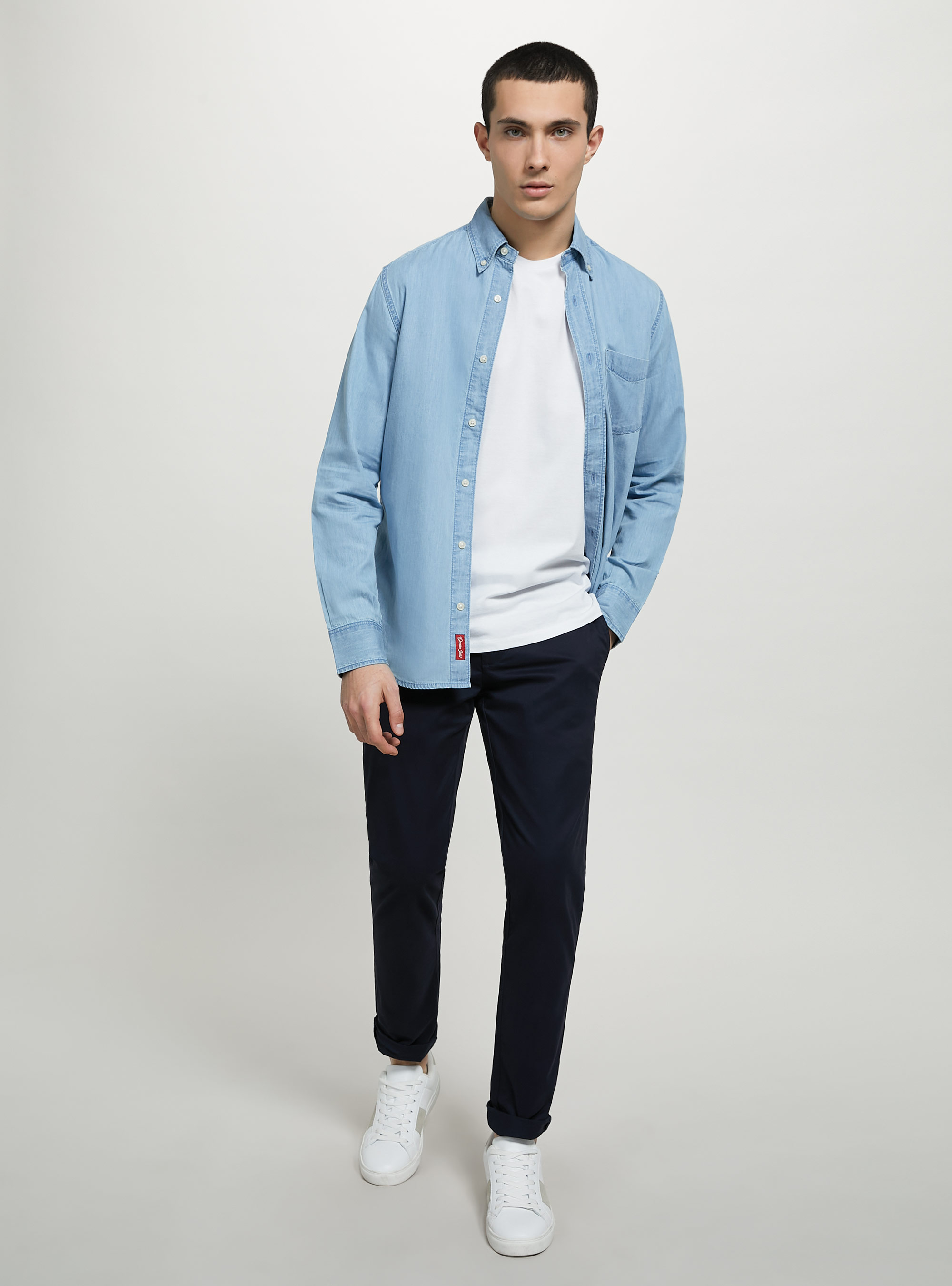 Pantalones chinos de sarga de algodón elástico, AZUL MARINO