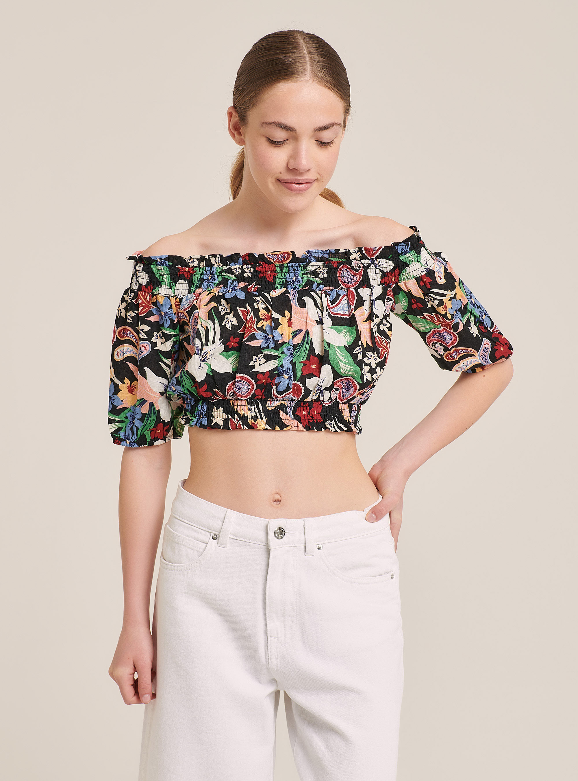 Blusa recortada con estampado tropical en mezcla de lino, MULTICOLORE