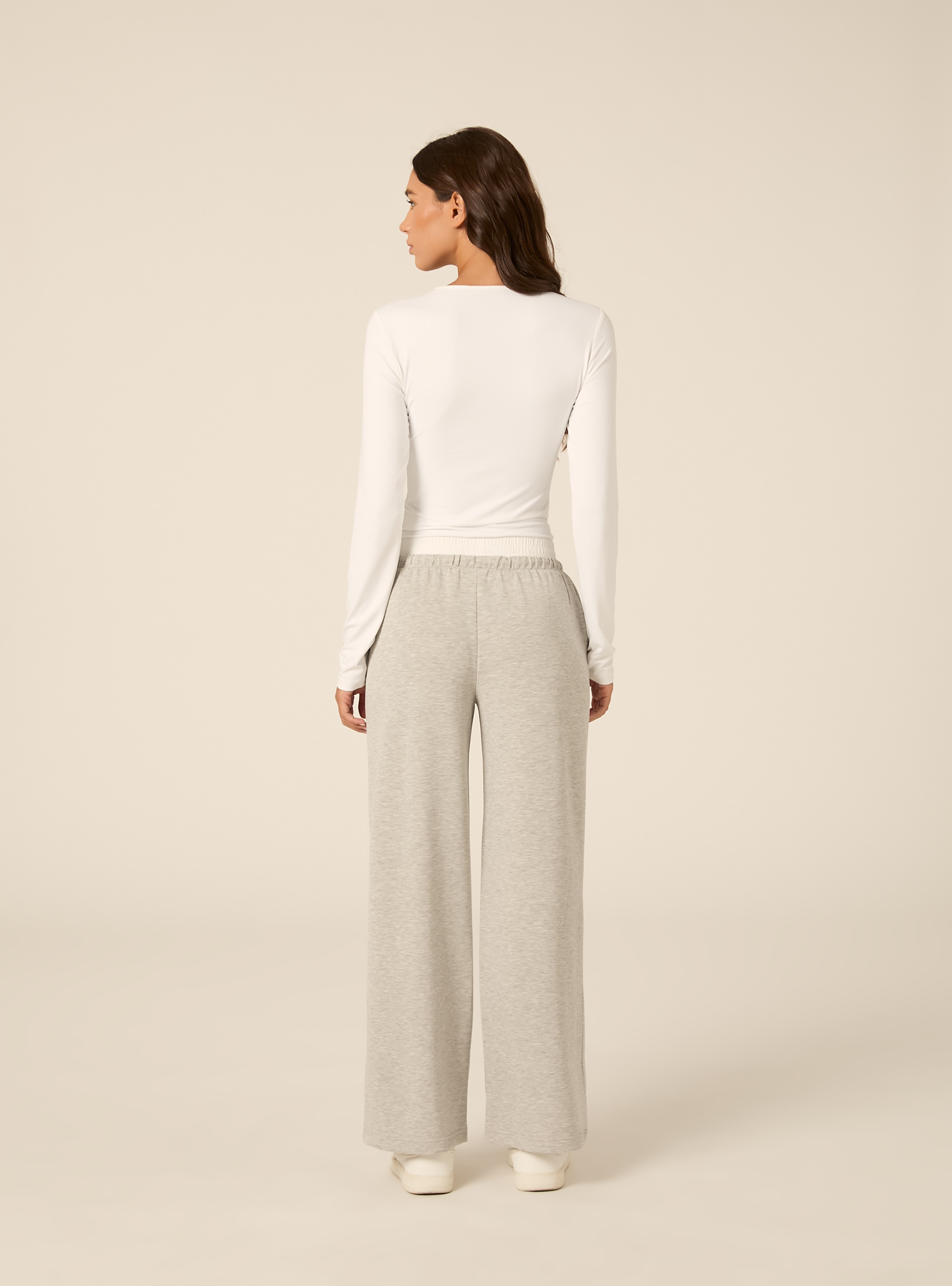 Wide leg hose aus scuba stoff mit doppelbund und biese, MGY3 GREY MEL LIGHT