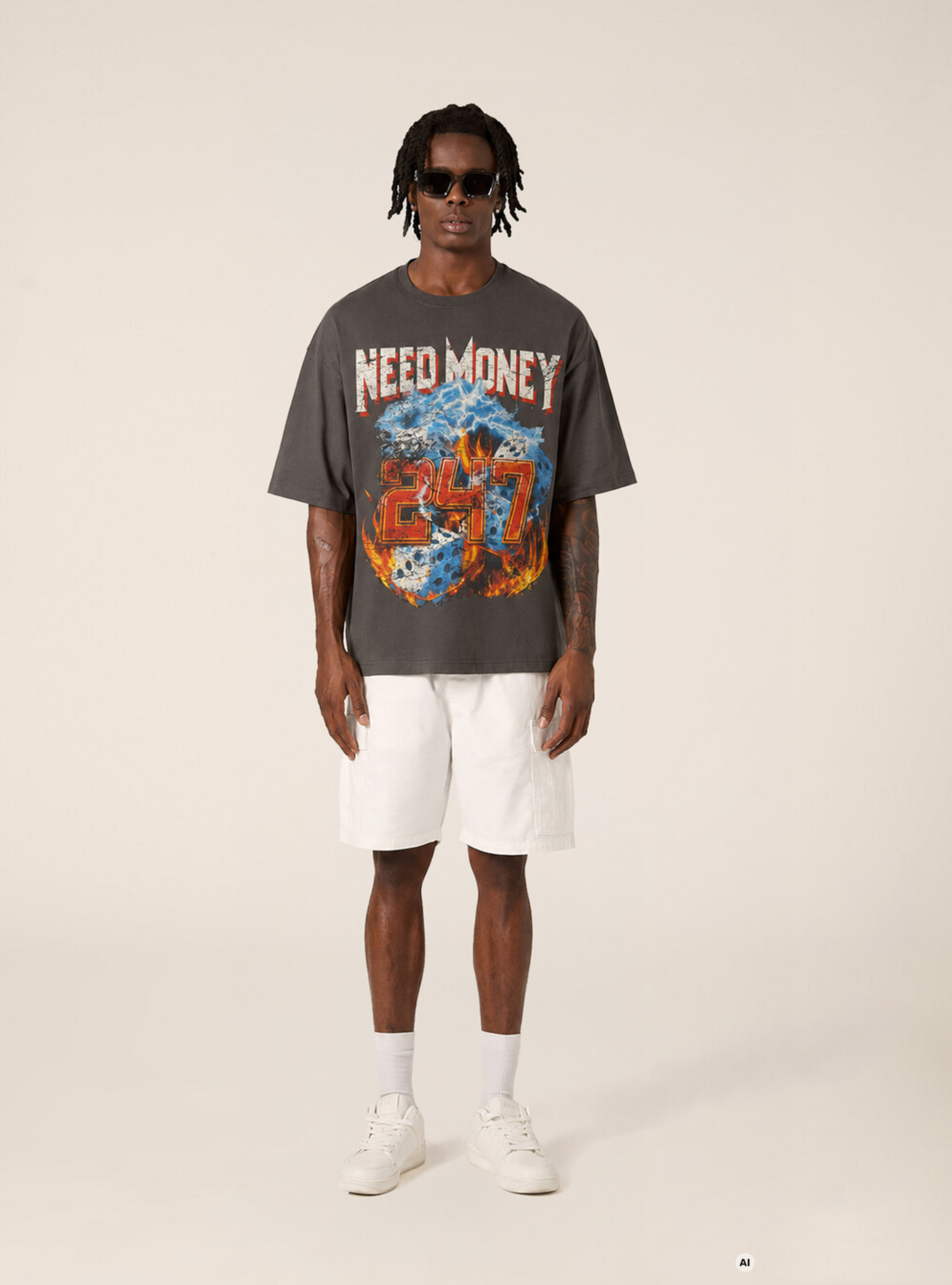 T-shirt  stampa need money 247, GRIGIO SCURO