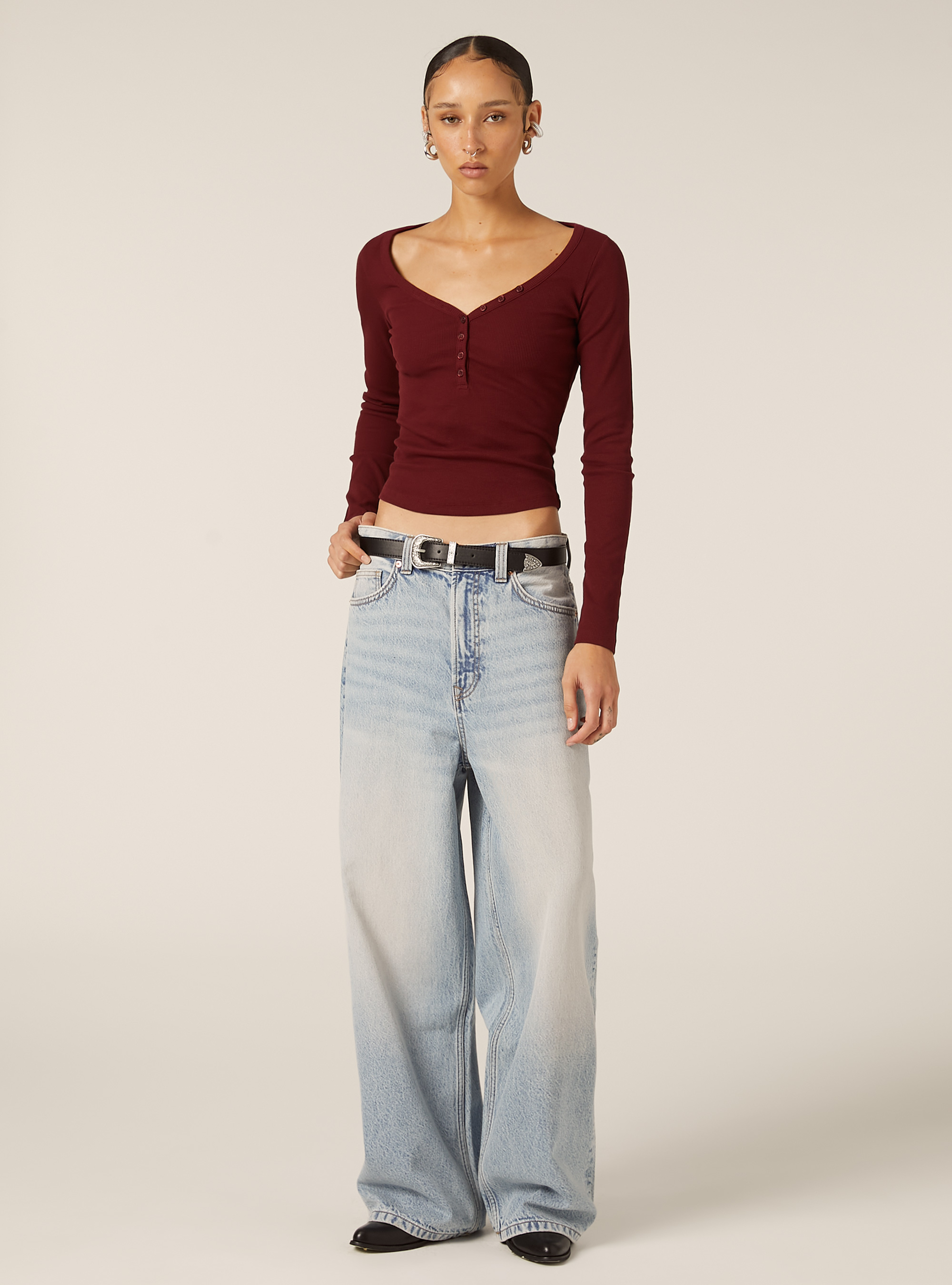 Long-sleeved V-neck T-shirt, BO1 BORDEAUX DARK