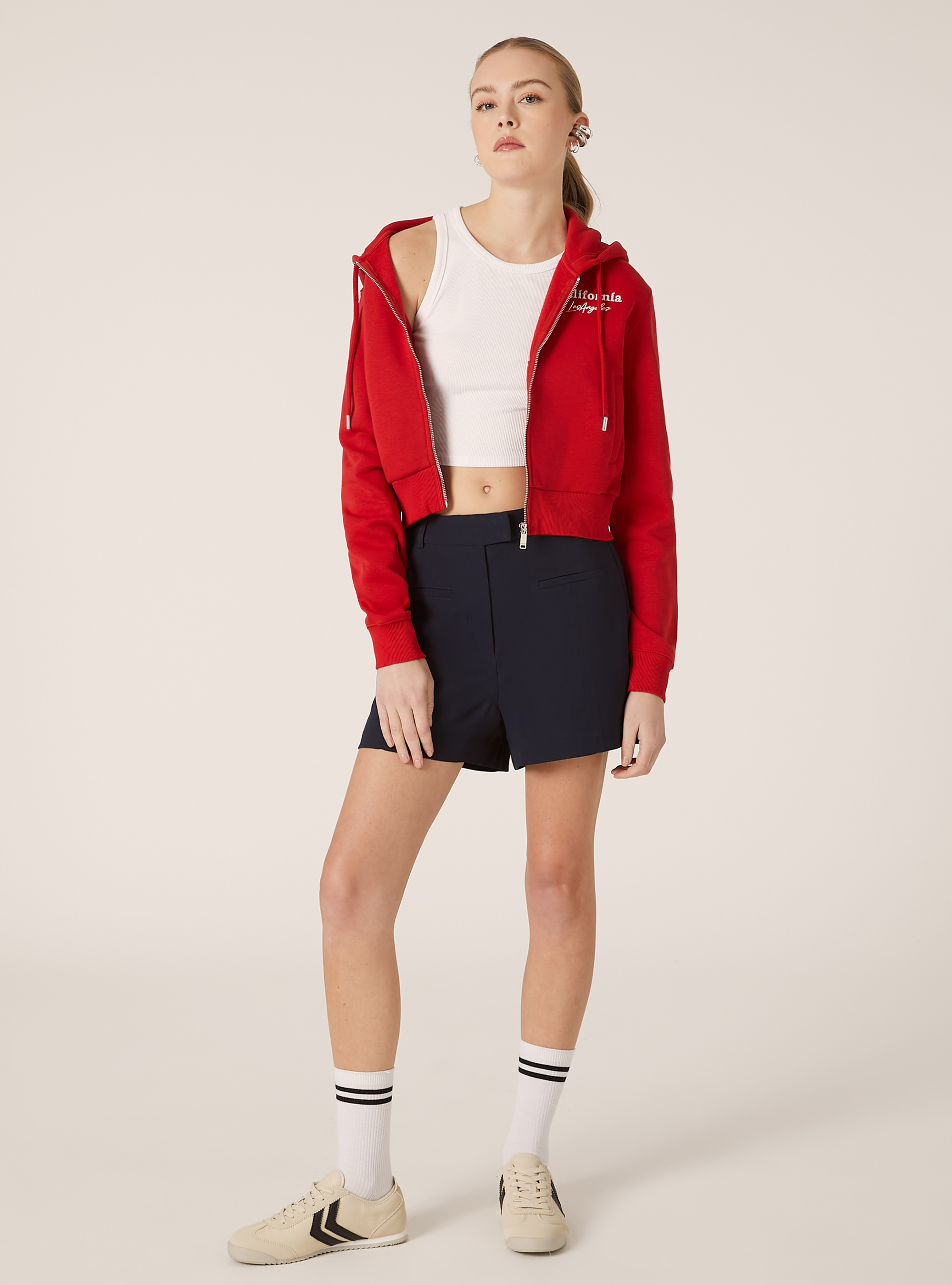 Cropped sweatshirt with zip and print, RD2 RED MEDIUM