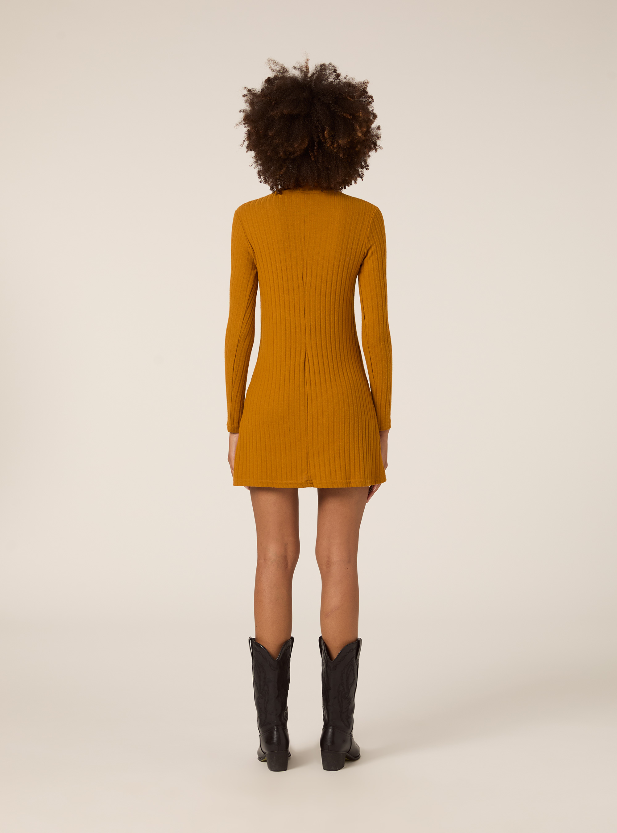 SHORT DRESS WITH HIGH RIBBED COLLAR, MUSTARD